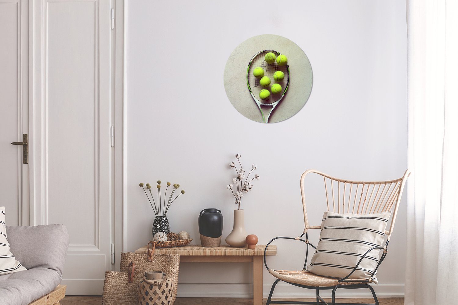 MuchoWow Gemälde mit vielen cm (1 Kreis Rundes Tennisschläger Tennisbällen, 30x30 Wandbild, Wohnzimmer, St), Wanddekoration Forex