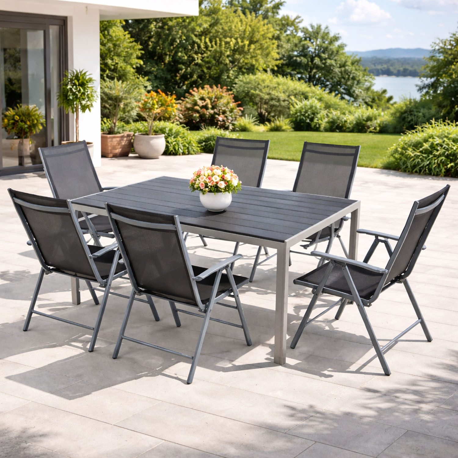 Mojawo Essgruppe 7tlg Gartenmöbel Set Alu Silber Non-Wood 180x90cm + 6 Hochlehner