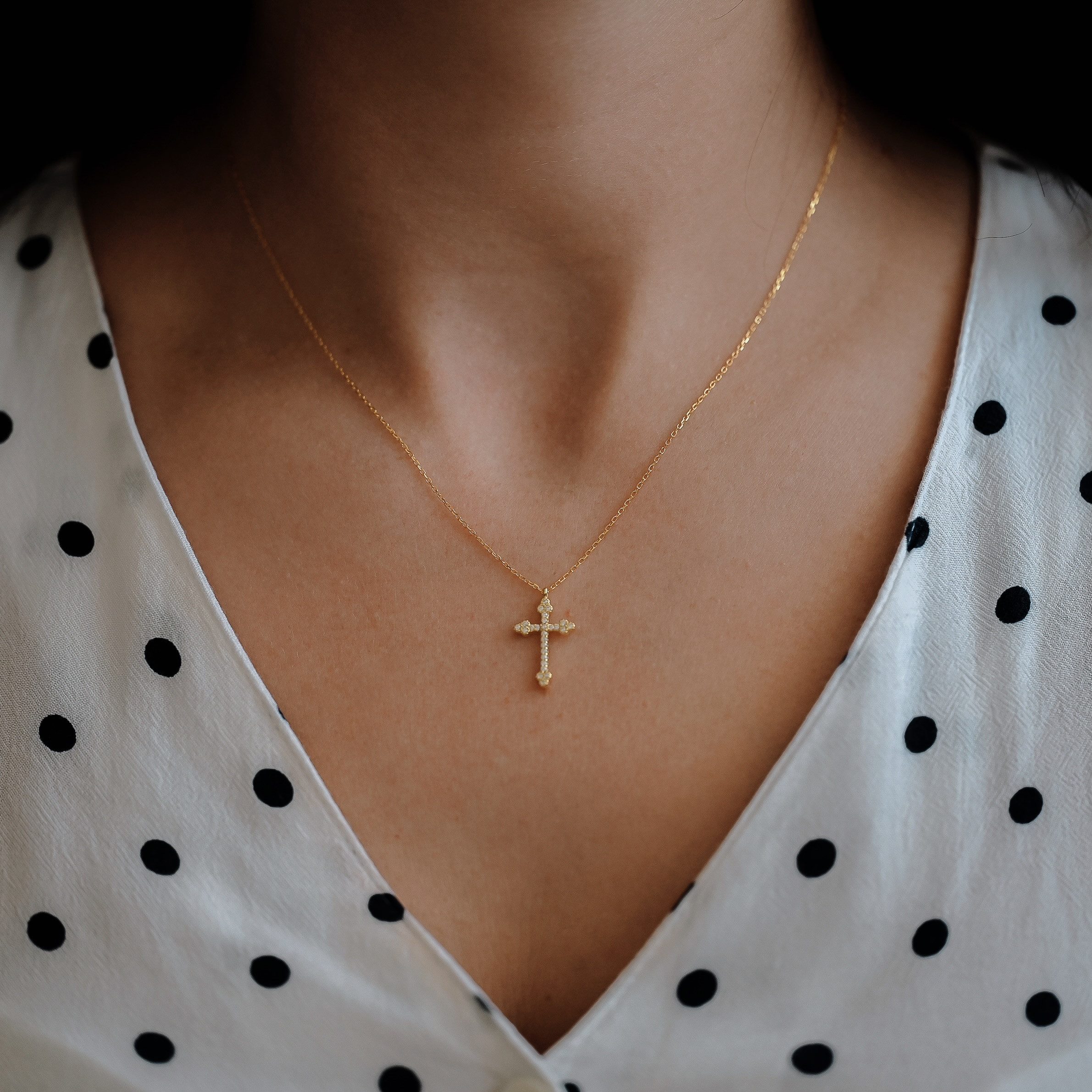 Runde Perlé Kreuzkette Vintage Kreuz Anhänger Kette Damen, 925 Sterling Silber, 18K Gold, Zirkonia (inkl. Geschenkverpackung)