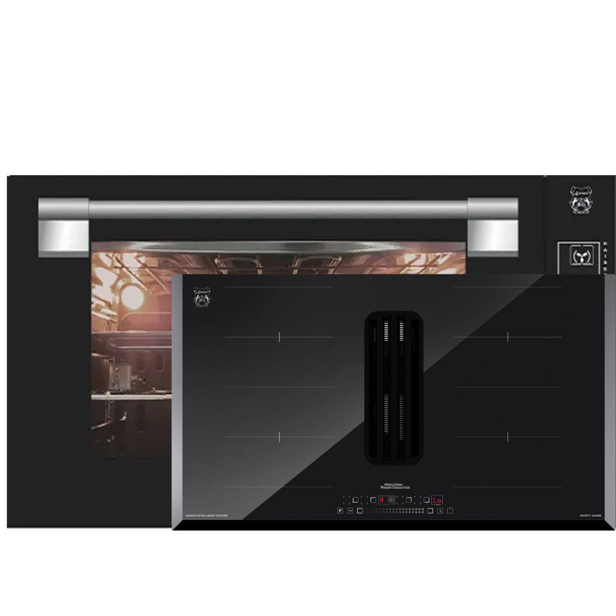 Kaiser Küchengeräte Backofen-Set Herd Set Autark Einbau Backofen 90 cm 105L Schwarzes Glas TouchControl+Einbau-Induktionskochfeld mit integriertem Dunstabzug 600 m³/h, 90 cm EH 9309+KCT 9102., mit 1-fach-Teleskopauszug