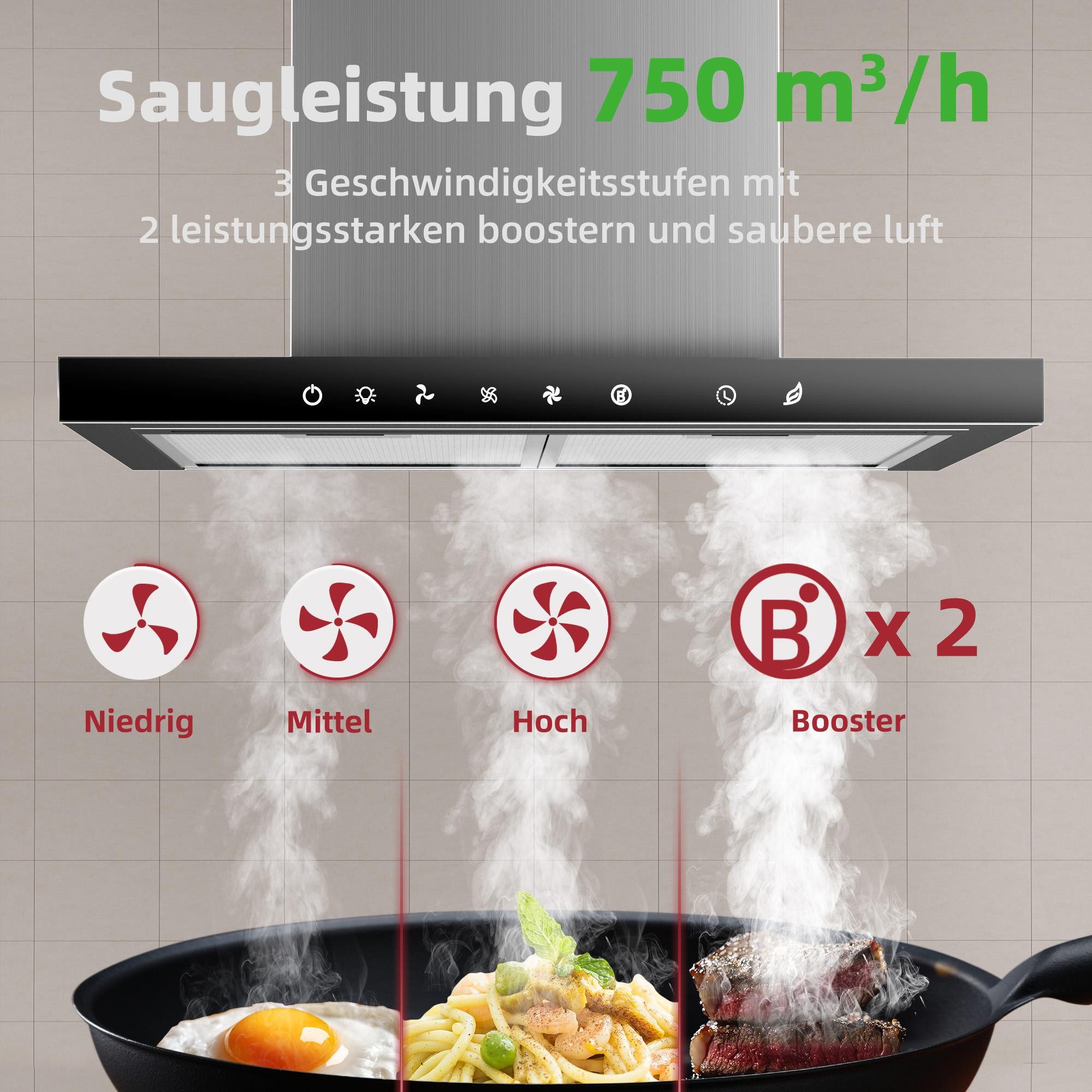 Levivo Wandhaube A+++ Dunstabzugshaube 60cm Umluft & Abluft mit 750 m³/h A+++ Dunstabzugshaube 60cm Umluft & Abluft mit 750 m³/h, Aktivkohlefiltern, Fettfiltern, LED-Beleuchtung