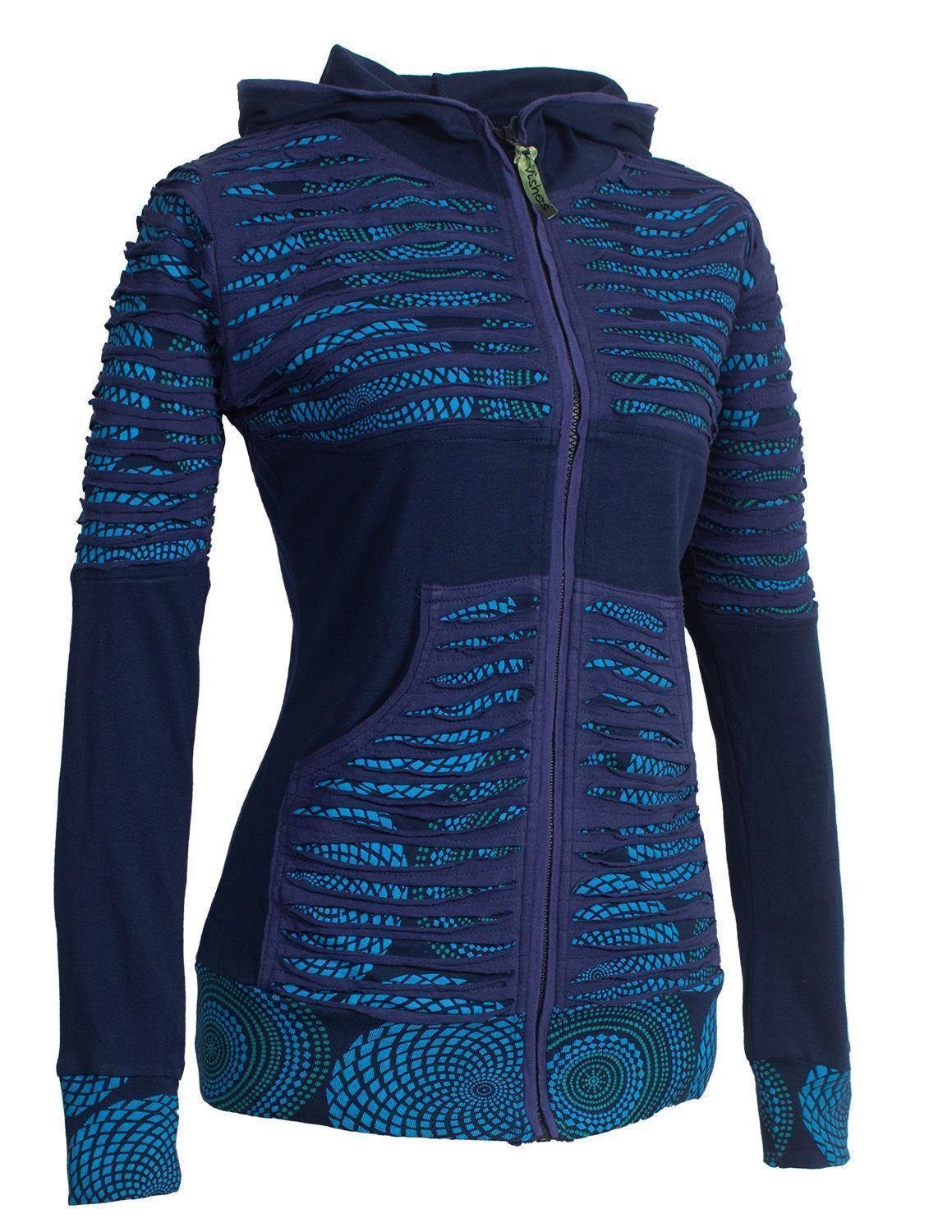 Vishes Kapuzensweatjacke Hoodie Kapuzenjacke mit Cutwork Patchwork (1-tlg) Boho, Hippie, Elfen, Goa Style, Gestreift, Mandala
