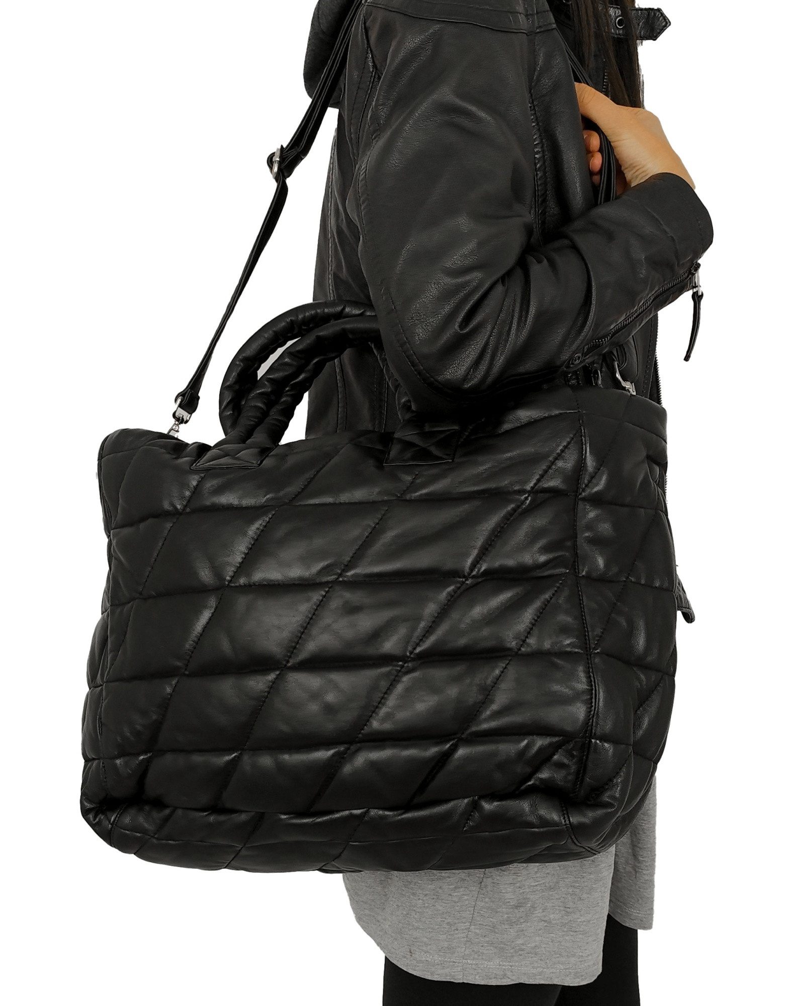 Lederjacken24 Handtasche Sorala, Damen Echtleder Handtasche Shopper Lammnappa schwarz
