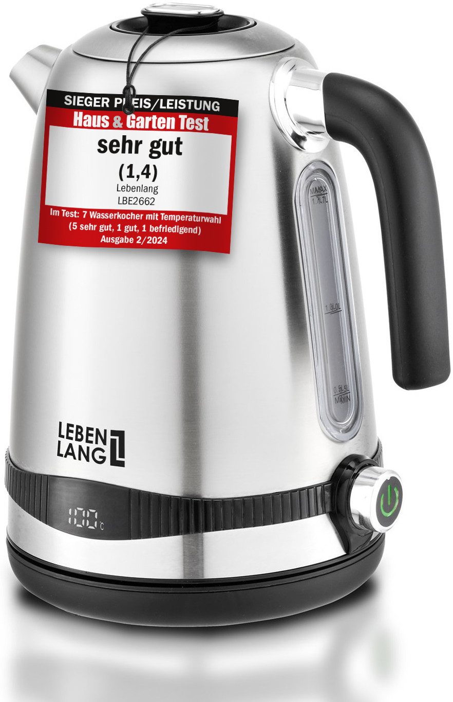 Lebenlang Wasserkocher Edelstahl mit Warmhaltefunktion - Preis-/Leistungssieger I, 1.7 l, 2200,00 W, Präzise Temperaturregelung, Digitale Anzeige, BPA-frei, 360-Grad-Basis