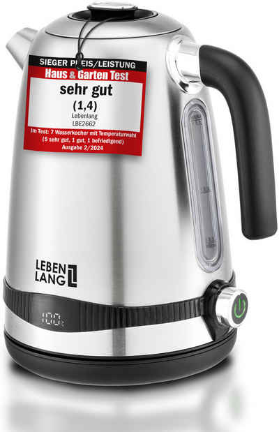 Lebenlang Wasserkocher Edelstahl mit Warmhaltefunktion, 1.7 l, 2200,00 W, Präzise Temperaturregelung, Digitale Anzeige, BPA-frei, 360-Grad-Basis