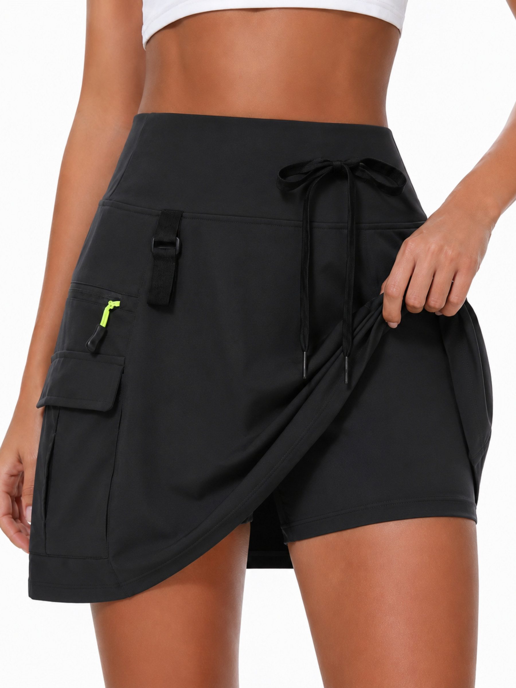 FemmeTone Minirock Damen Cargorock sportlich mit Taschen, kurzer Sommerrock mit Kordelzug Outdoorrock mit Reißverschlusstaschen, Freizeitrock elastischer Bund