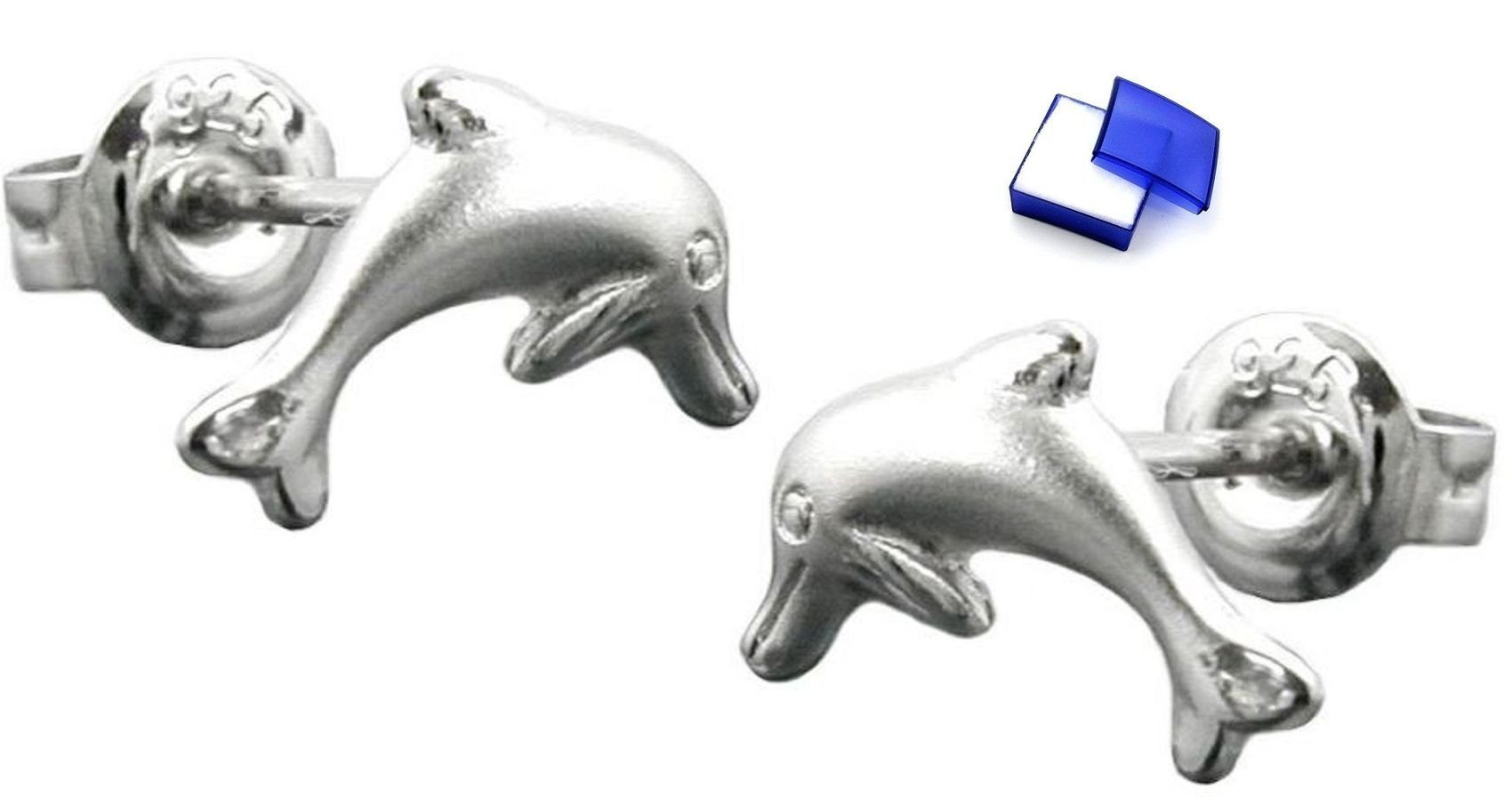 unbespielt Paar Ohrstecker Ohrstecker springender Delfin matt glänzend rhodiniert 925 Silber 10 x 5 mm inkl. Schmuckbox, Silberschmuck für Kinder