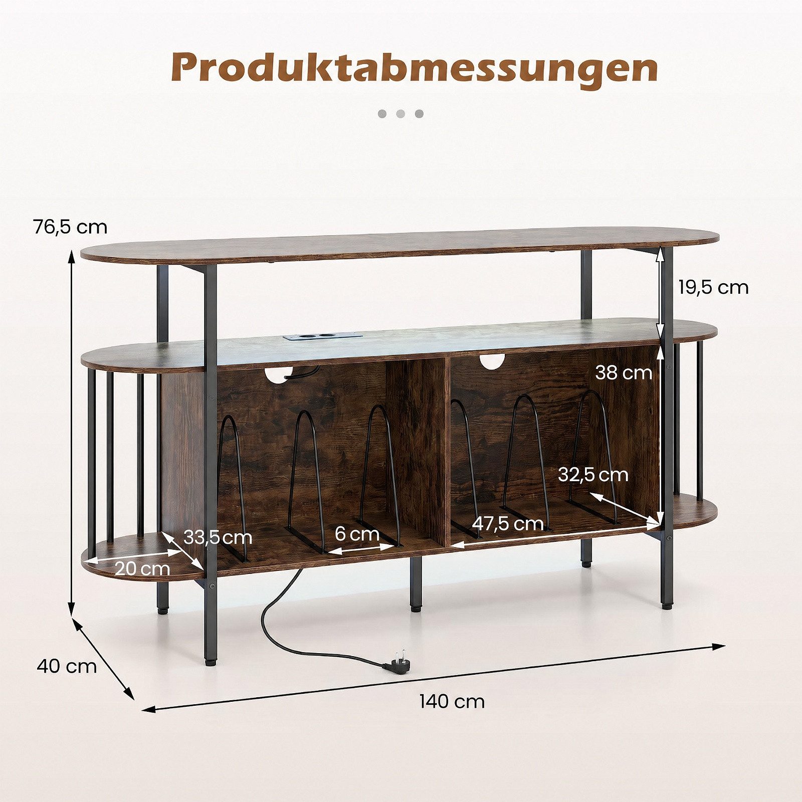 COSTWAY Sideboard Plattenspieler Regal mit Steckdose & LED, Plattenspieler-Ständer – Bild 4 von 5