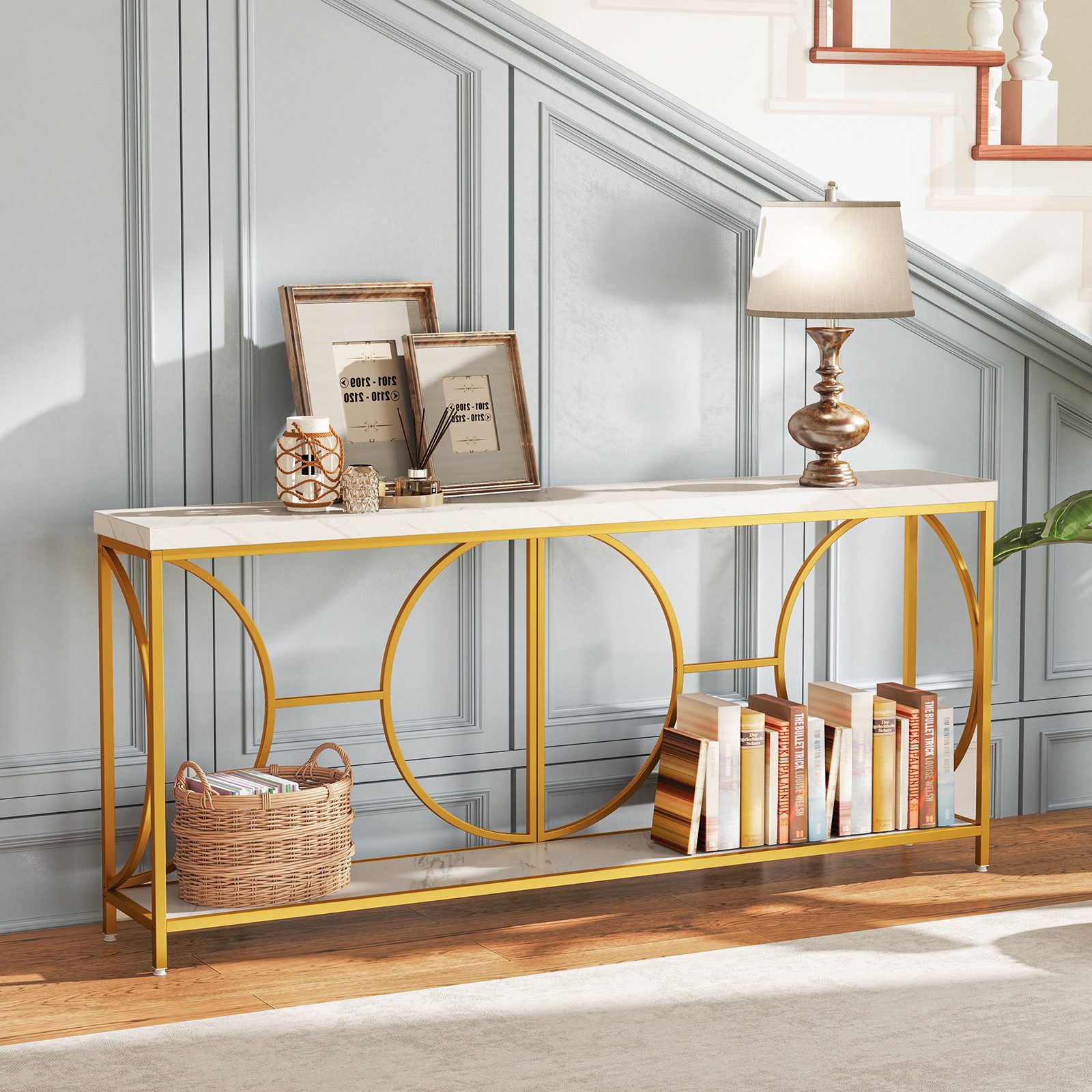 COSTWAY Konsolentisch, schmal Marmor, mit geometrischem Metallrahmen, gold