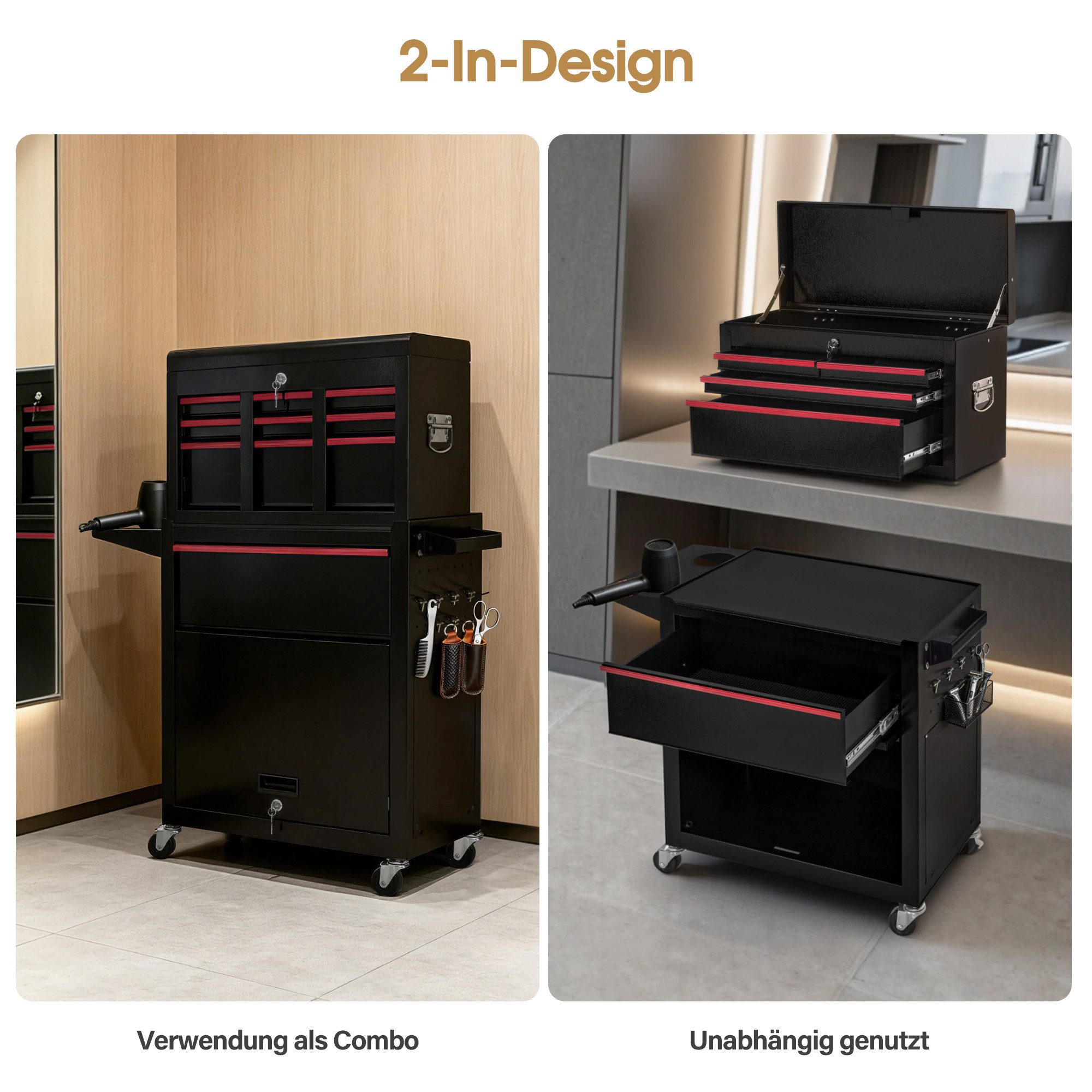 Barberpub Rollwagen BarberPub 2 in 1 Friseurwagen mit 5 Schubladen, mit Rollen, 0097, mit Rollen, mit Schrank & Haken, abschließbar – Bild 5 von 5