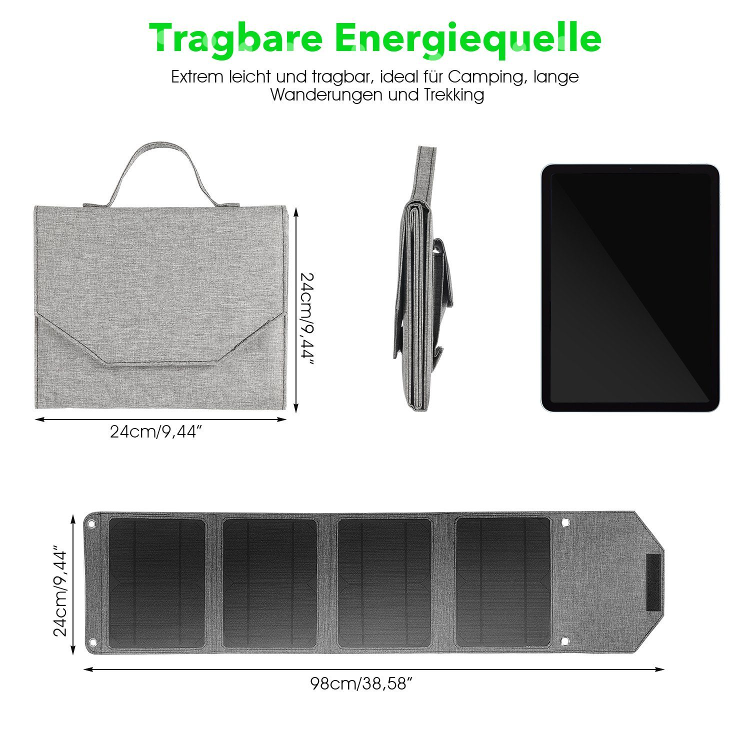 iscooter Solarmodul 24W Tragbar Solar USB(5V/2A Faltbare für 2-Port insgesamt), Outdoor-Camping Wandern Ladegerät Grau, Solarpanel