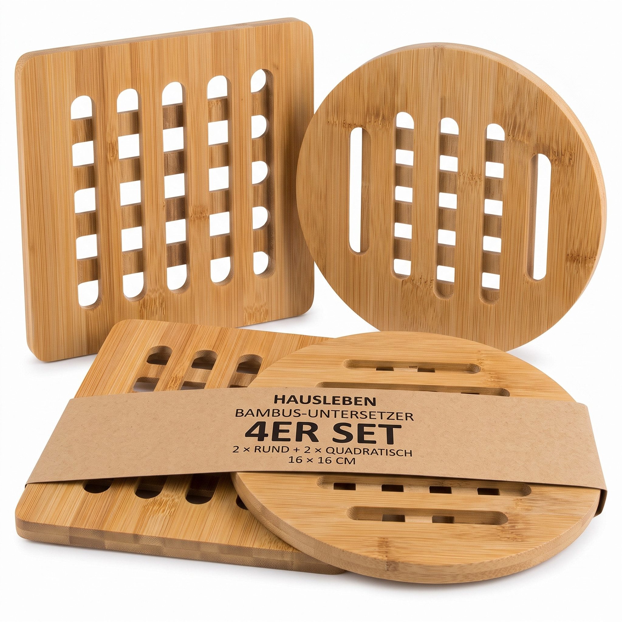 hausleben Topfuntersetzer Bambus-Untersetzer 4er Set 16x16 cm, eckig & rund, Zubehör für Töpfe, Pfannen, Teekannen, Auflaufformen, Set, 4-tlg., 16L x 16B x 1D cm