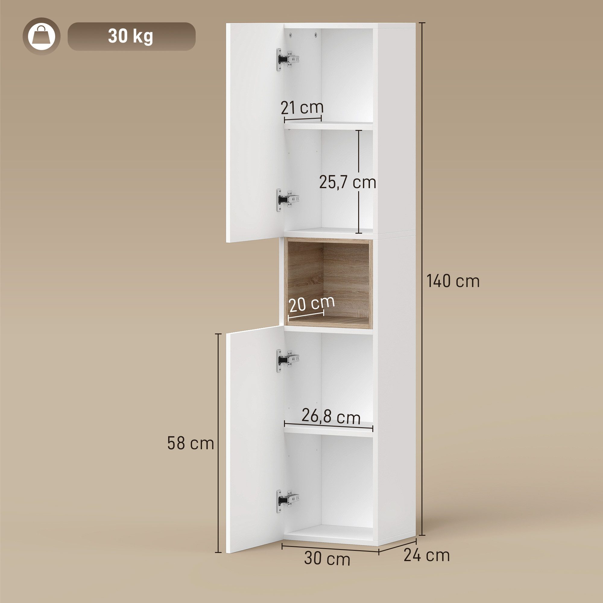 HOMCOM Badkommode Hochschrank 2 geriffelte Türen, offenes Fach, verstellbare Regale (Set, 1 St., 1 Badezimmerschrank), Schmal, Soft-Close – Bild 3 von 5