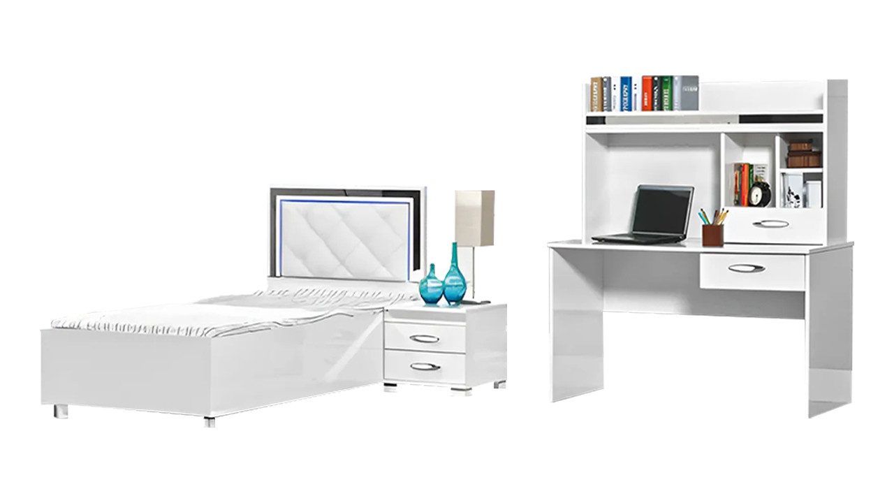 Jugendzimmer-Set Schlafzimmermöbel in Weiß mit Bett und Schreibtisch