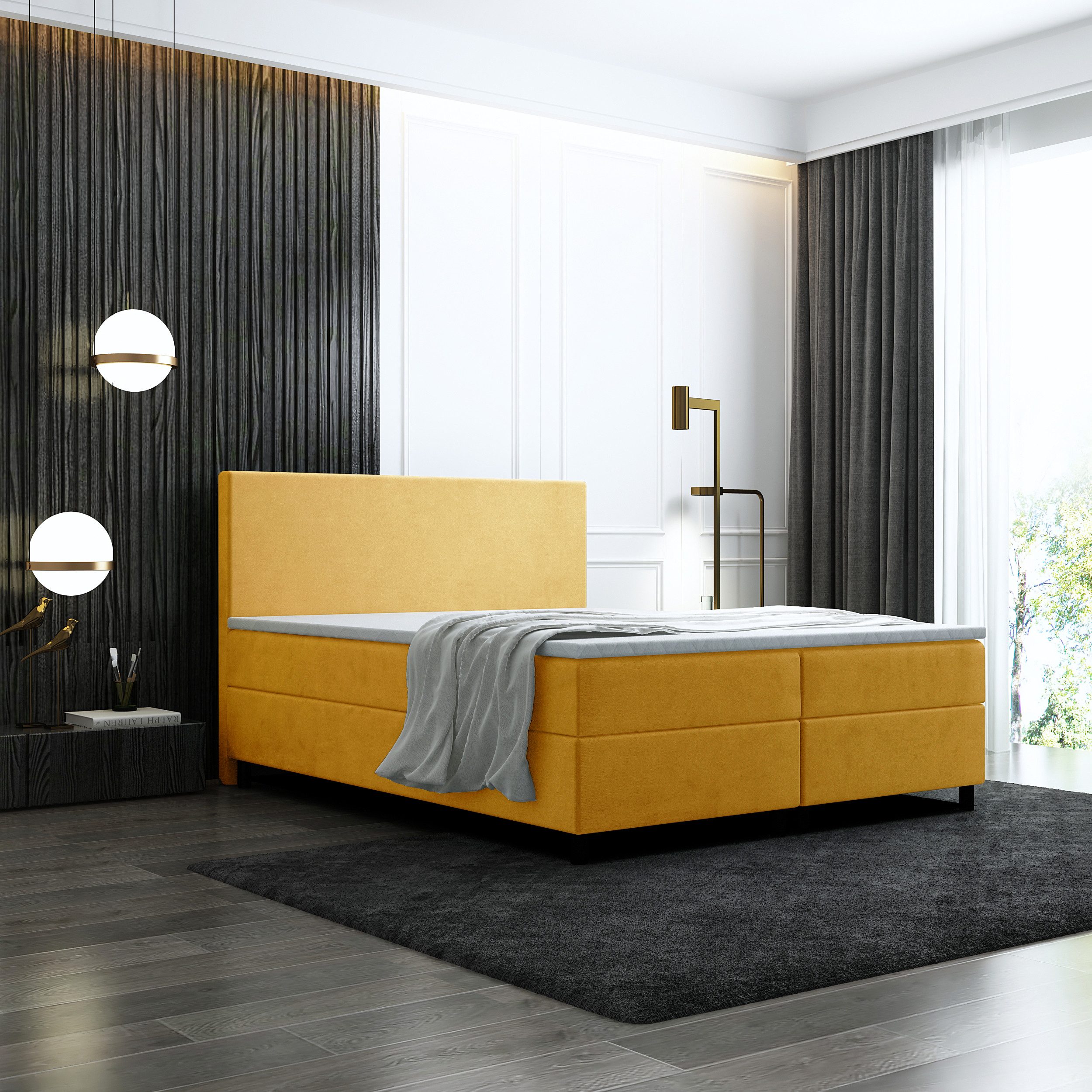 thematys Boxspringbett Luxus mit Bettkasten 140x200–180x200cm - Velours Bezug (Polsterbett Bonnellfederkern Matratze H3 + Gratis 3cm Topper, – Doppelbett mit Stauraum - Boxbett)