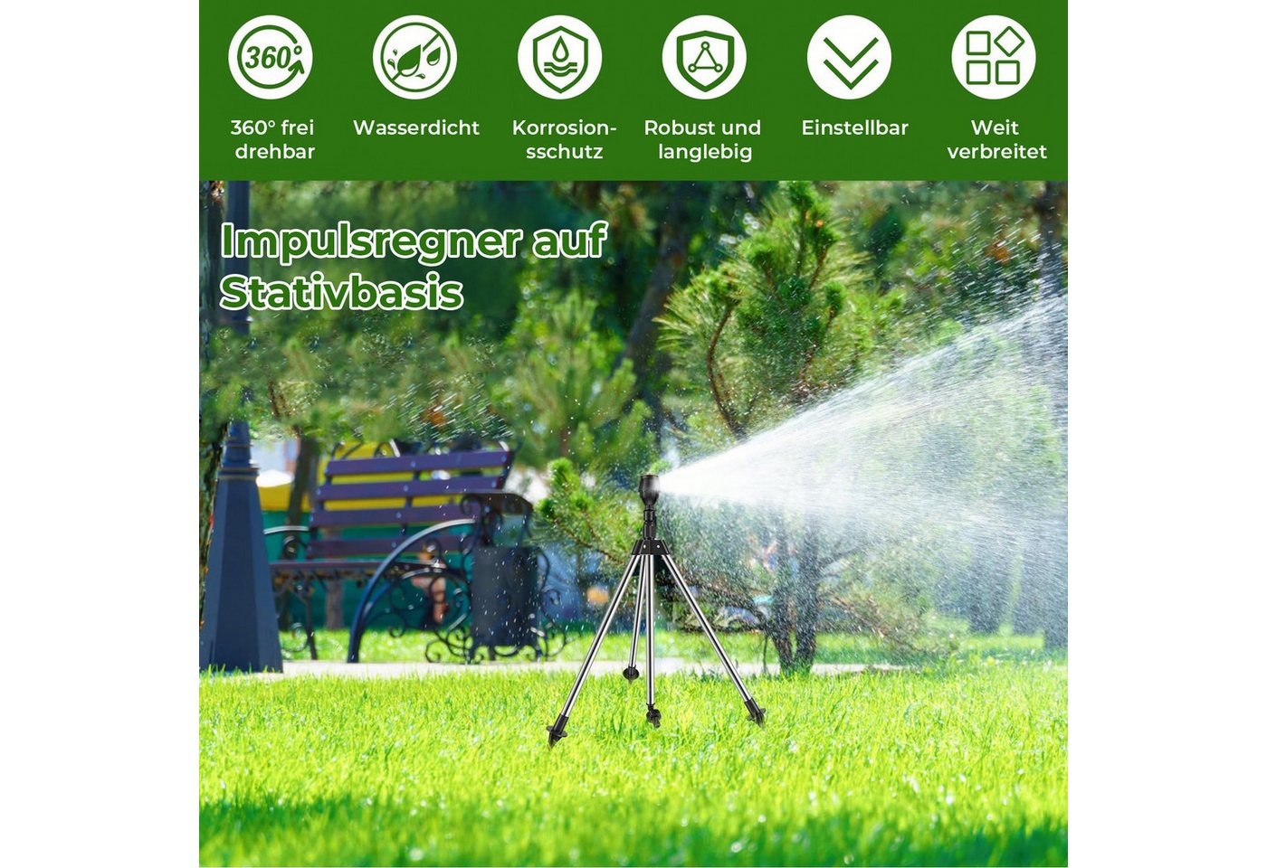 Thumbnail - BTTO Kreisregner 360° Drehbarer Stativregner Sprinkler mit Stativ Basis, Teleskop-Rotating Tripod Sprinkler für Rasen Ga...