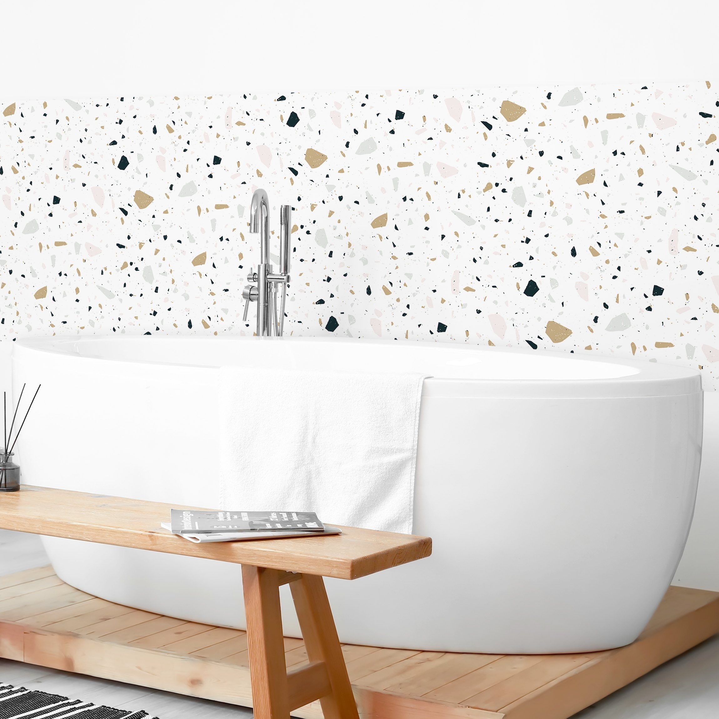 Bilderdepot24 Badrückwand pastell fugenlose Wandverkleidung Bad Vintage, (Hartfolie matt » Selbstklebend SMART 0,35 mm), wasserfestes Wandpaneel Detailliertes Terrazzo Muster San Remo