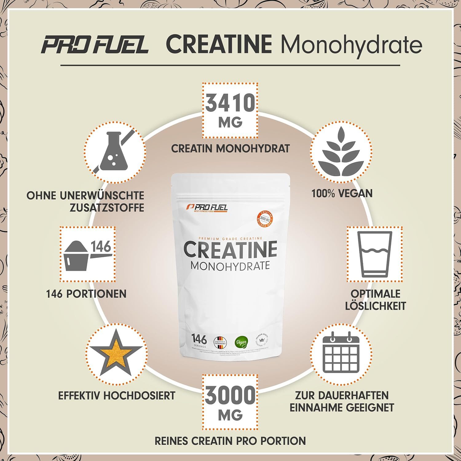 ProFuel Kreatin Monohydrat Pulver – Hochdosiert, mikronisiert & laborgeprüft Pulver, 1 er 500g à 500 g, 100% Vegan und frei von Zusatzstoffen