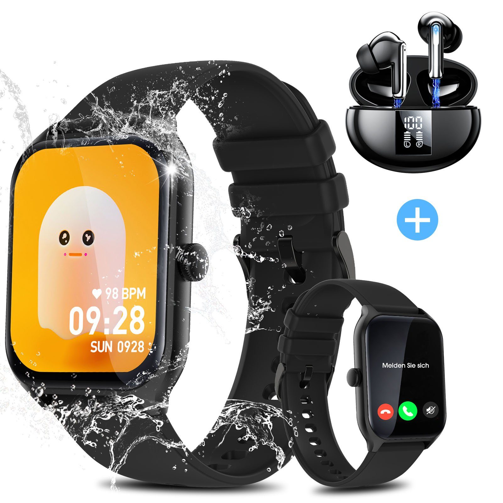 Yuede Smartwatch, Fitness Tracker uhr mit Anruffunktion für Damen und Herren Smartwatch (Quadratischer 1,96-Zoll-HD-Full-Touch-Farbdisplay Zoll) Bluetooth 5.3 Kopfhörer mit Aktive Rauschunterdrückung(ANC) Combo Fitnessuhr mit Anruffunktion, Gesundheits-Uhren mit Blutsauerstoff, Blutdruckmessung, Herzfrequenz, Schlafqualität, Schrittzähler, AI Voice und SNS-Benachrichtigung etc., IP67 Wasserdichte Sportuhr mit mehr als 100 Sportmodi, für Android IOS