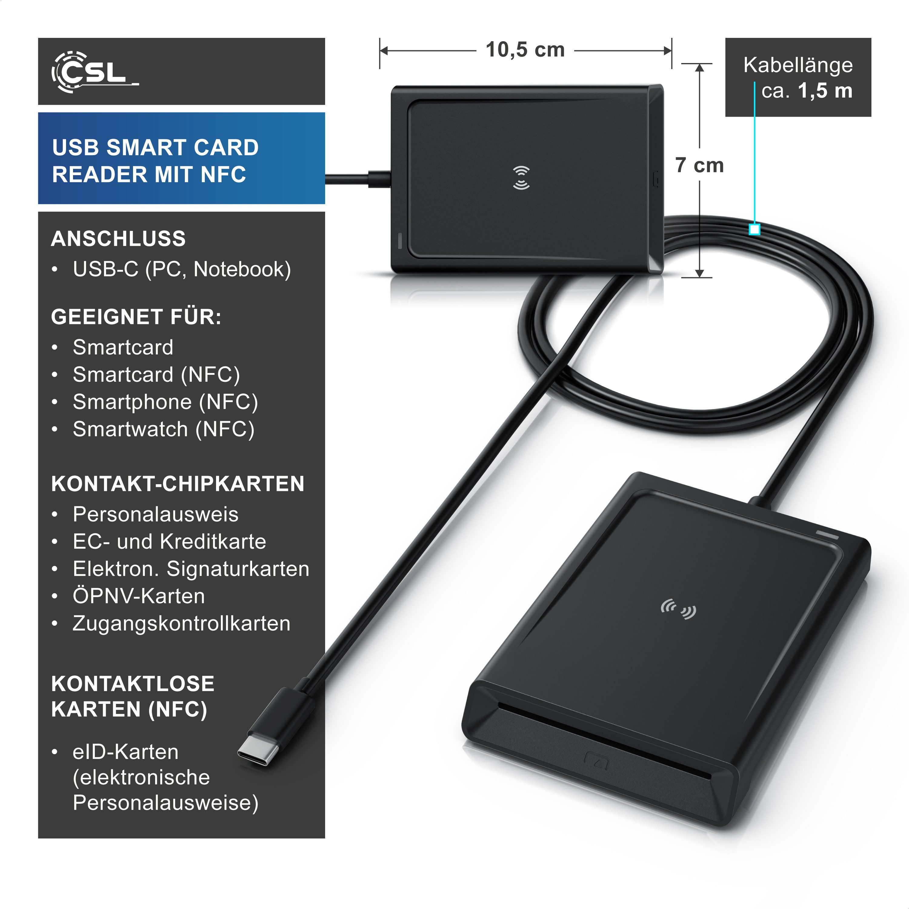 CSL Speicherkartenleser USB C Smart Card Reader mit NFC, Chipkartenleser, SIM Kartenlesegerät, für Personalausweis Gesundheitskarte Bankkarte, Mac OS X, Win 11 komp.