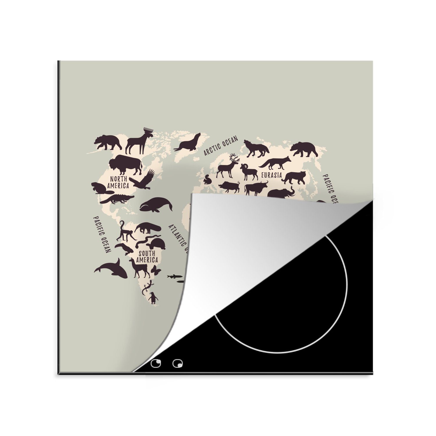 MuchoWow Herdblende-/Abdeckplatte Weltkarte Kinder - Tiere - Beige, Vinyl, (1 tlg), 78x78 cm, Ceranfeldabdeckung, Arbeitsplatte für küche
