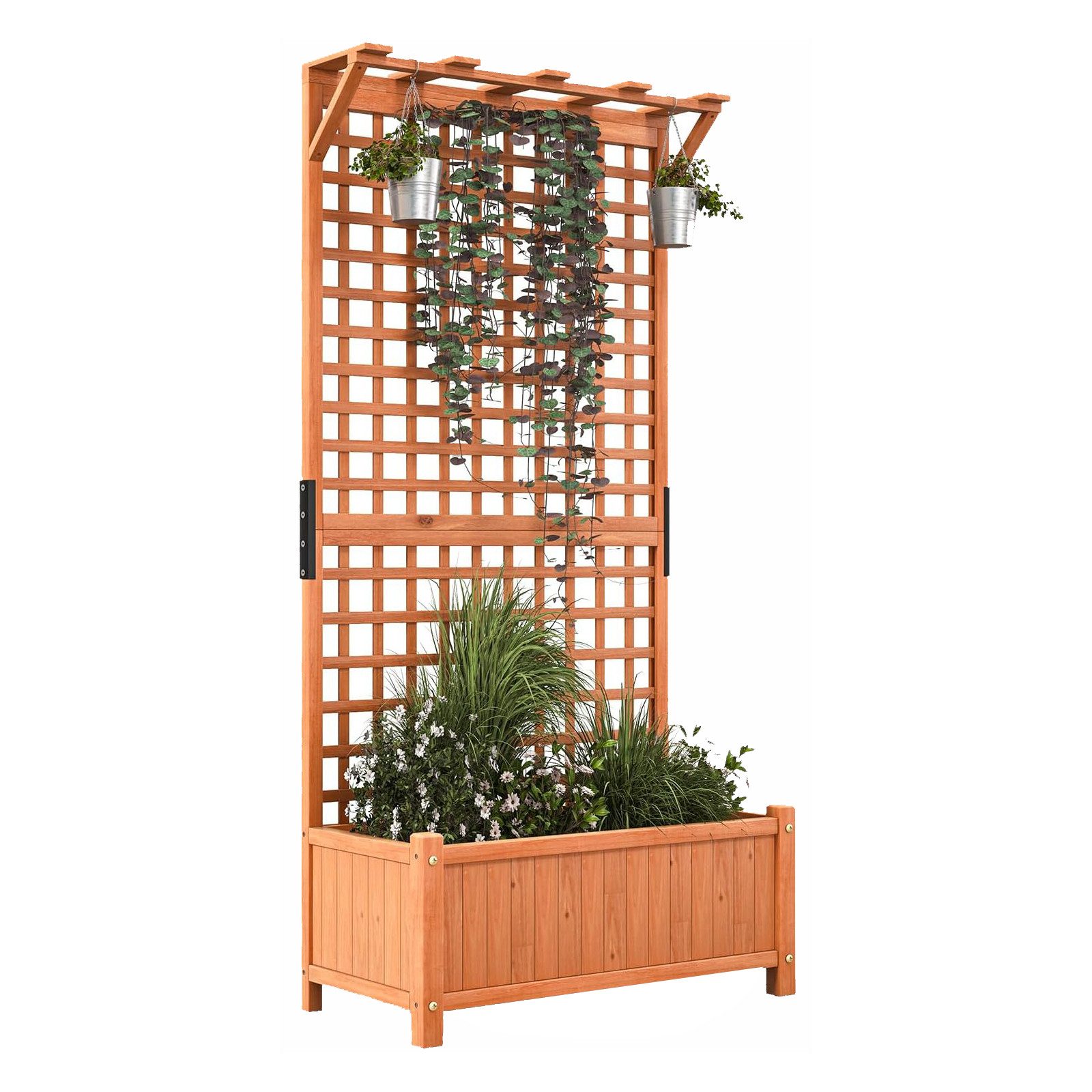 KOMFOTTEU Blumenkasten Pflanzkasten Hochbeet Gartenbeet, mit Rankgitter, Dach & Sichtschutz