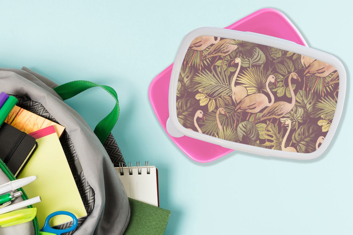rosa - Vintage Brotbox Flamingo (2-tlg), - Muster, - für Mädchen, Snackbox, Lunchbox MuchoWow Erwachsene, Kunststoff, Kunststoff - Kinder, Dschungel Brotdose Blätter