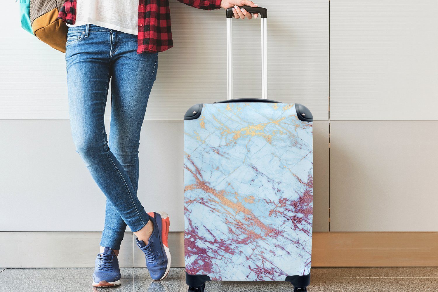 MuchoWow Handgepäckkoffer Marmor - Lila Ferien, Reisekoffer für Rollen, mit - rollen, Trolley, Blau, - Reisetasche Gold Handgepäck 4