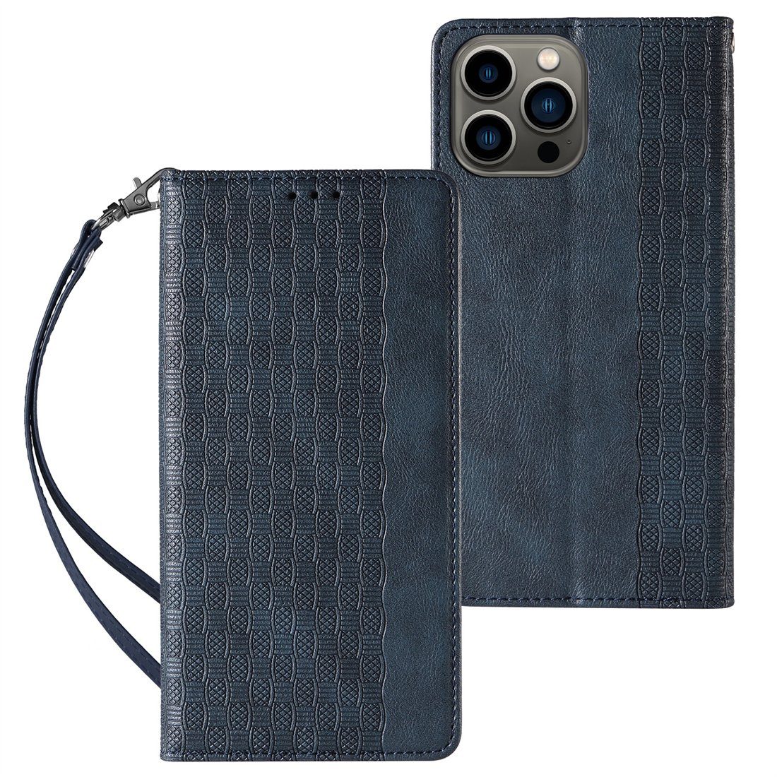 DÖRÖY Handytasche 15 blau iPhone Ledertasche Flip-Tasche, pro, geprägte Handytasche für