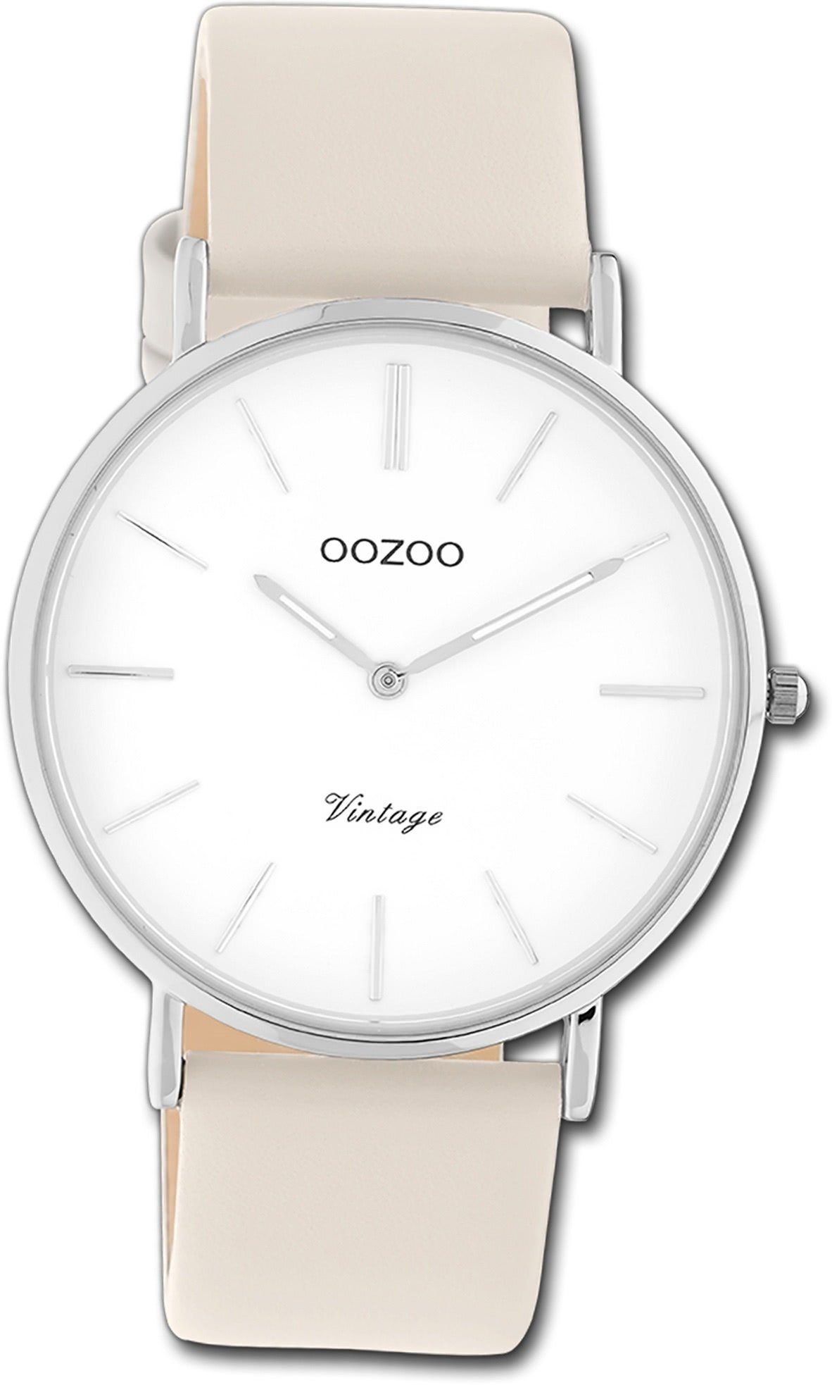 OOZOO Quarzuhr Oozoo Damen Armbanduhr Vintage Series, Damenuhr Lederarmband beige, weiß, rundes Gehäuse, groß (ca. 40mm)
