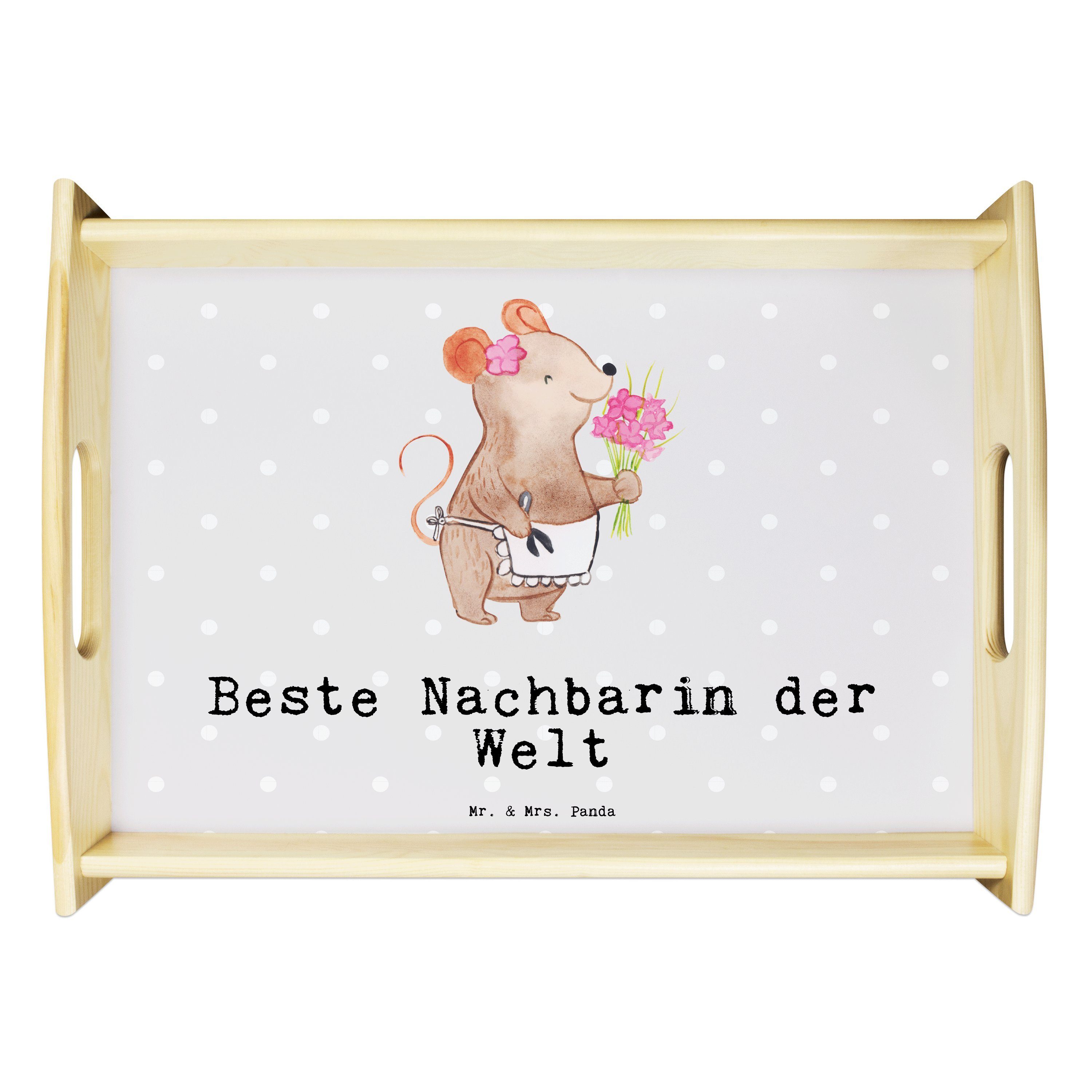 Mr. & Mrs. Panda Tablett Maus Beste Nachbarin der Welt - Grau Pastell - Geschenk, Angrenzer, F, Echtholz lasiert, (1-tlg)