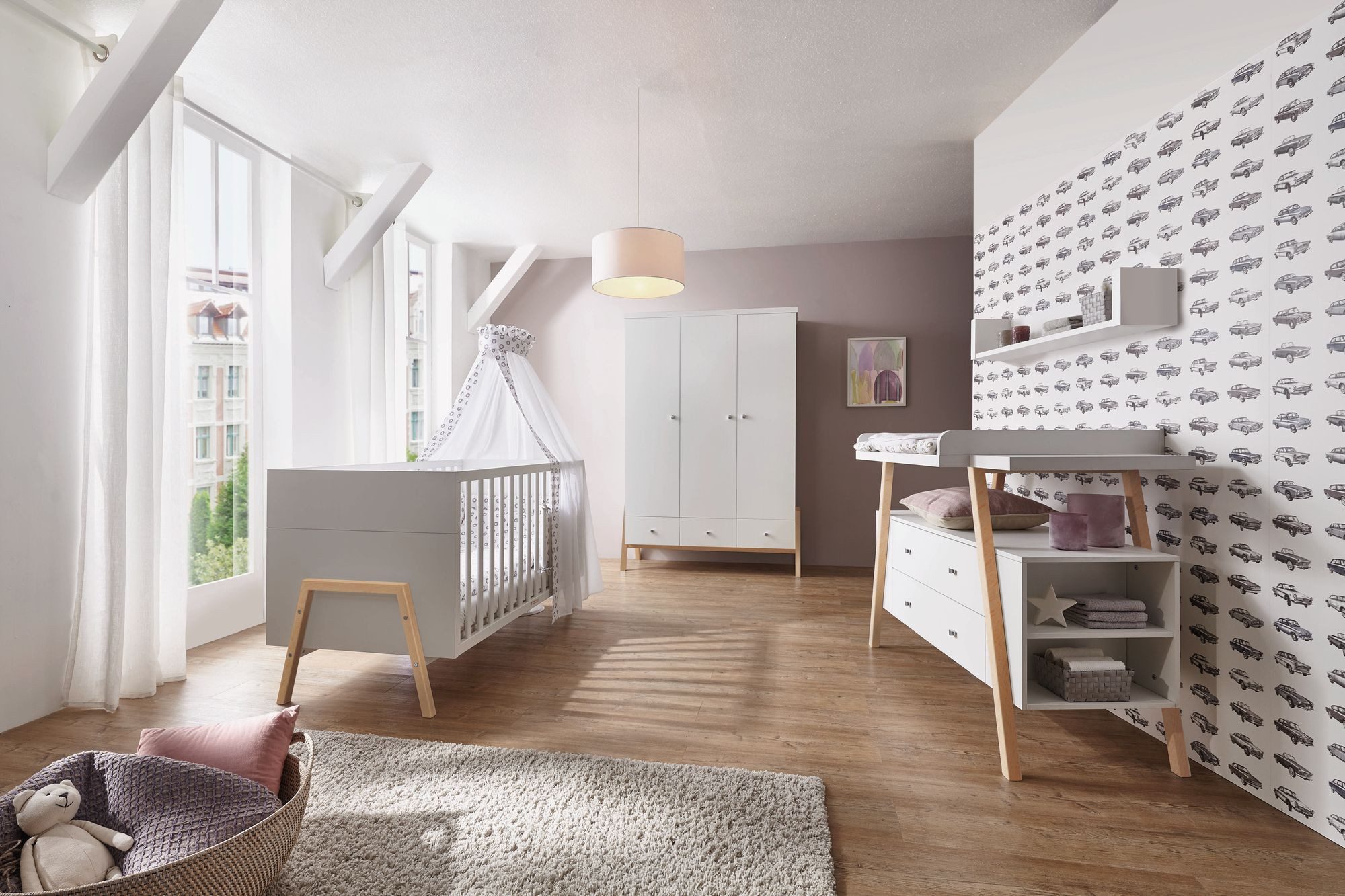 Schardt Kinderkleiderschrank Holly Nature Schrank 3 Türen, Dekor weiß / Buche natur