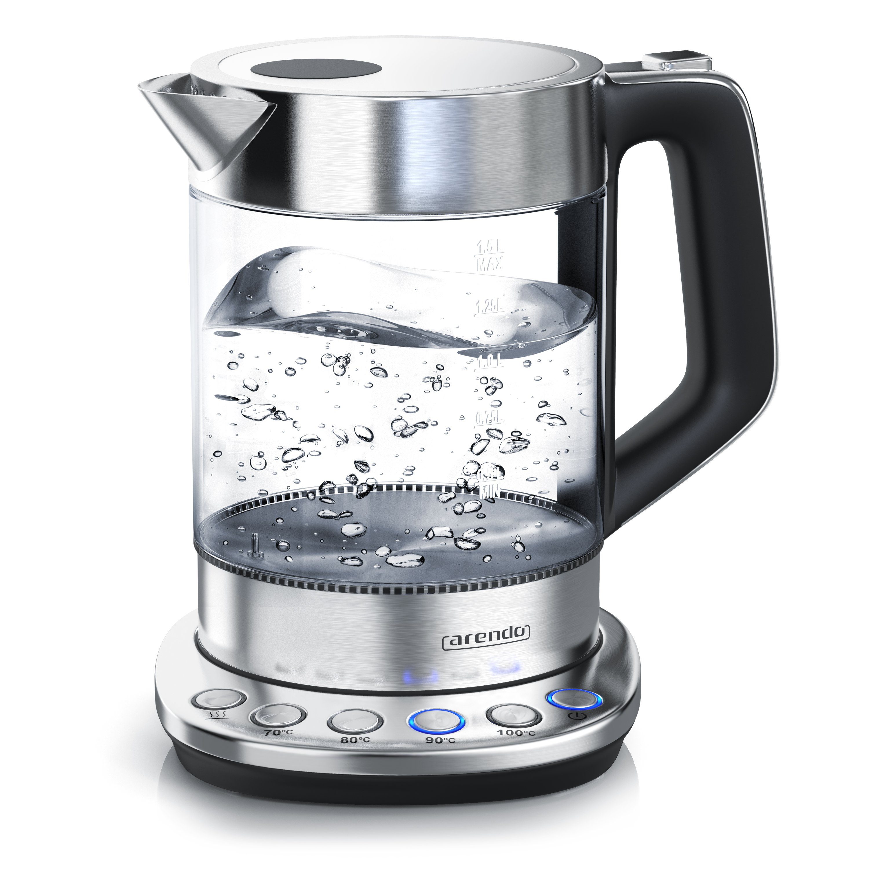 Arendo Wasserkocher aus Glas & Edelstahl, mit Temperatureinstellung, Basisstation, 1,5 l, 2200 W, Temperatureinstellung 70° - 100° C, Warmhaltefunktion, Borosilikatglas