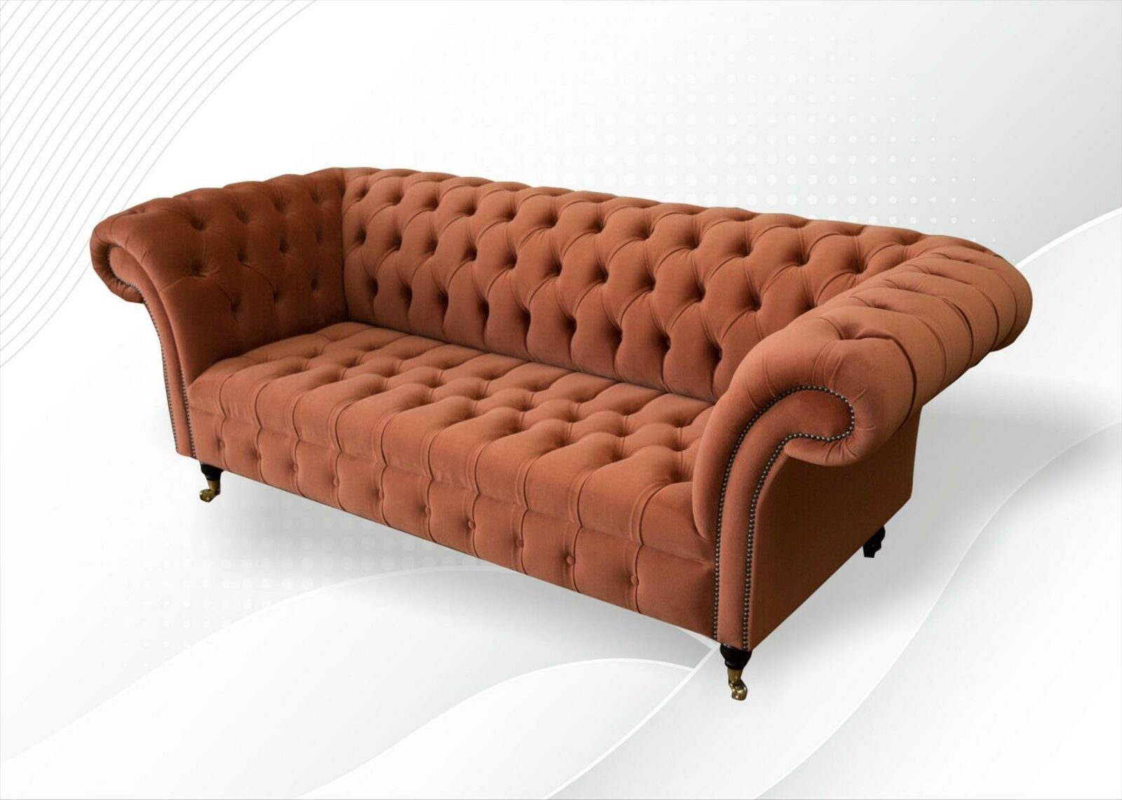 JVmoebel Chesterfield-Sofa, Chesterfield Braun Dreisitzer Design Textil Polster Sofa Wohnzimmer Neu Stoff
