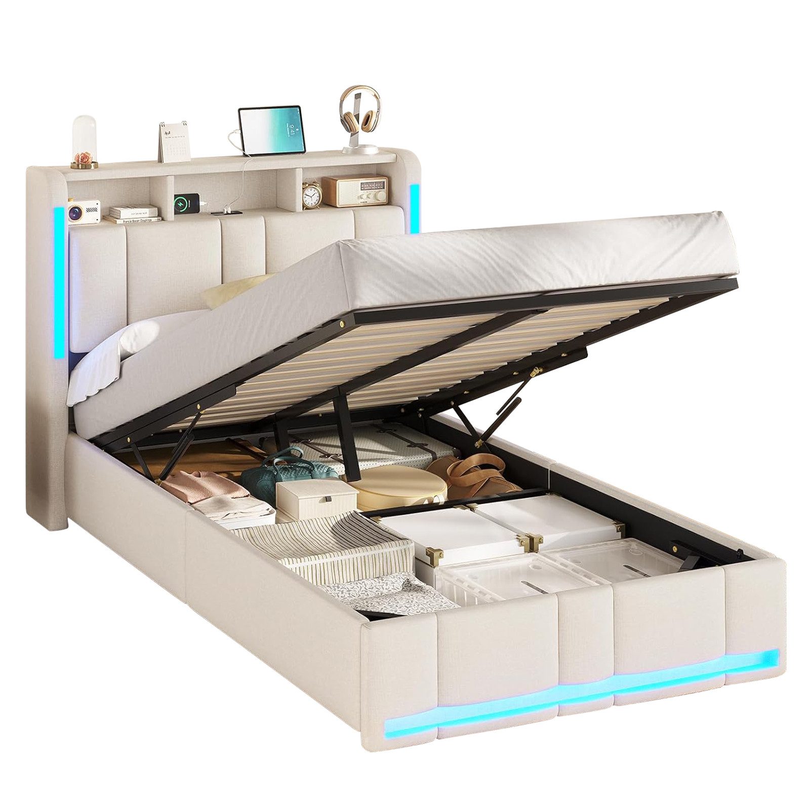 MSMASK Polsterbett 90×200cm, Bett mit Steckdosen & LED Beleuchtung, Stauraum und Kopfteil (Ohne Matratze)