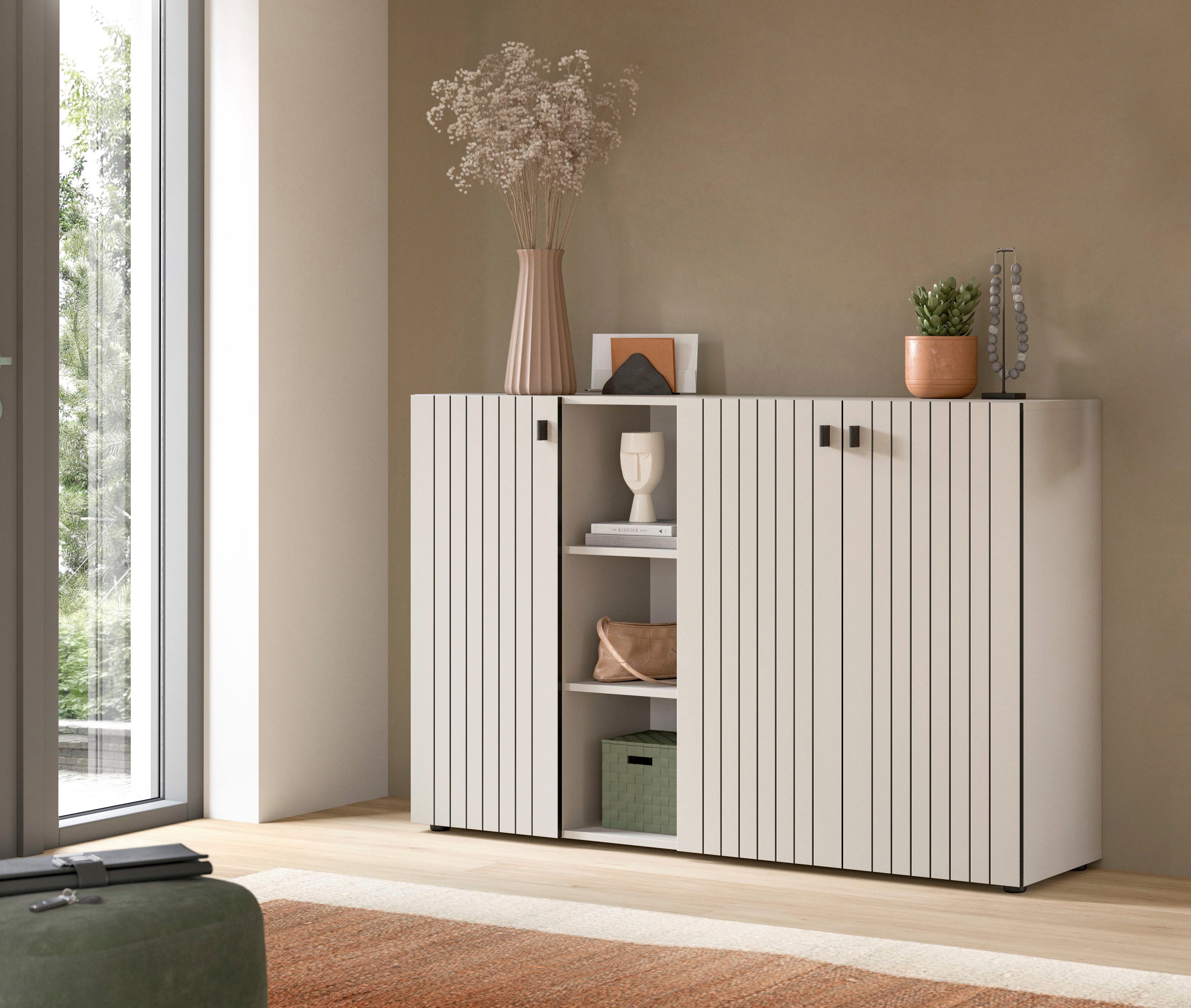 Home affaire Schuhschrank TATIO, Breite 150 cm, Rillenoptik, offene Fächer, günstig online kaufen