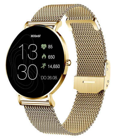XCOAST SIONA 2 Damen Smartwatch (4,2 cm/1,3 Zoll, iOS Android) classic gold, Fitness Tracker, AMOLED, Blutsauerstoffmesser, 3-tlg., neueste Generation, Wasserdicht, ultra flach, Puls, Blutdruck, brillante Farben