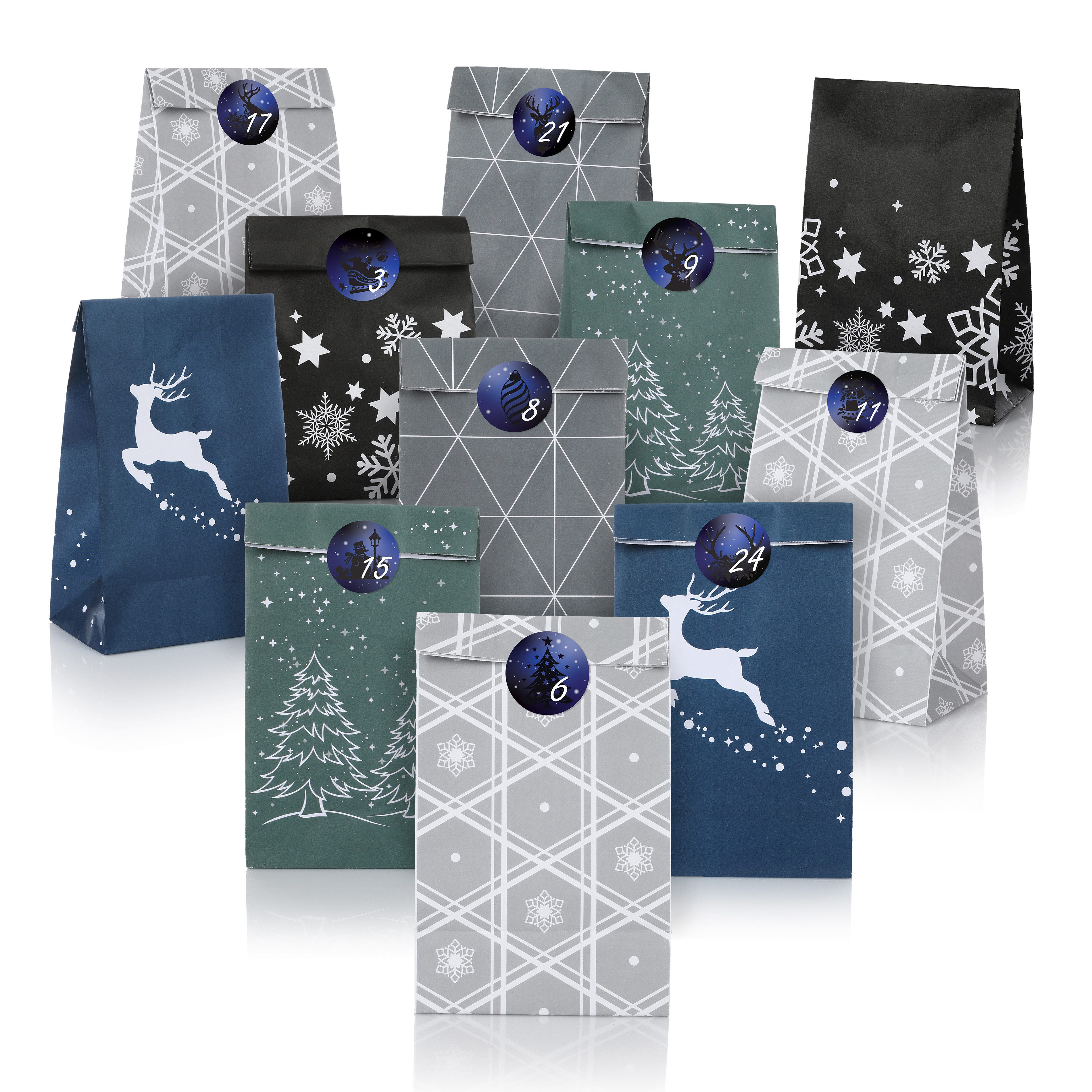 Nordstern befüllbarer Adventskalender DIY Geschenktüten Set mit 24 Kraftpapiertüten und Zahlen Aufklebern, Weihnachtskalender für Kinder und Männer