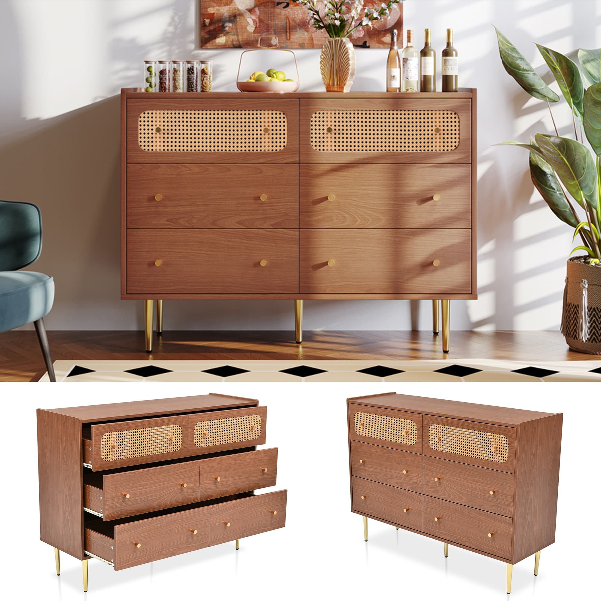 autolock Sideboard Kommode Rattan Küchenschrank mit 6 Schubladen Nussbaum (120×40×90 cm), Anrichte Highboard für Schlafzimmer & Wohnräume