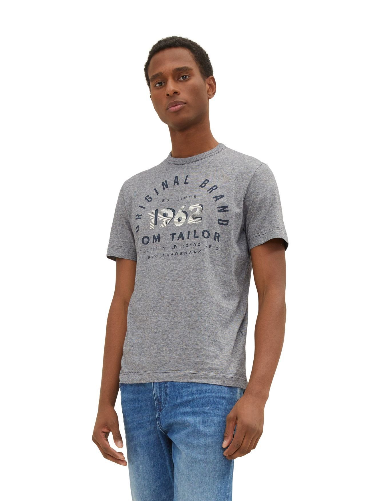 5572 T-Shirt in (1-tlg) TAILOR mit T-Shirt TOM Grau Bedrucktes Shirt Print Rundhals Gestreiftes