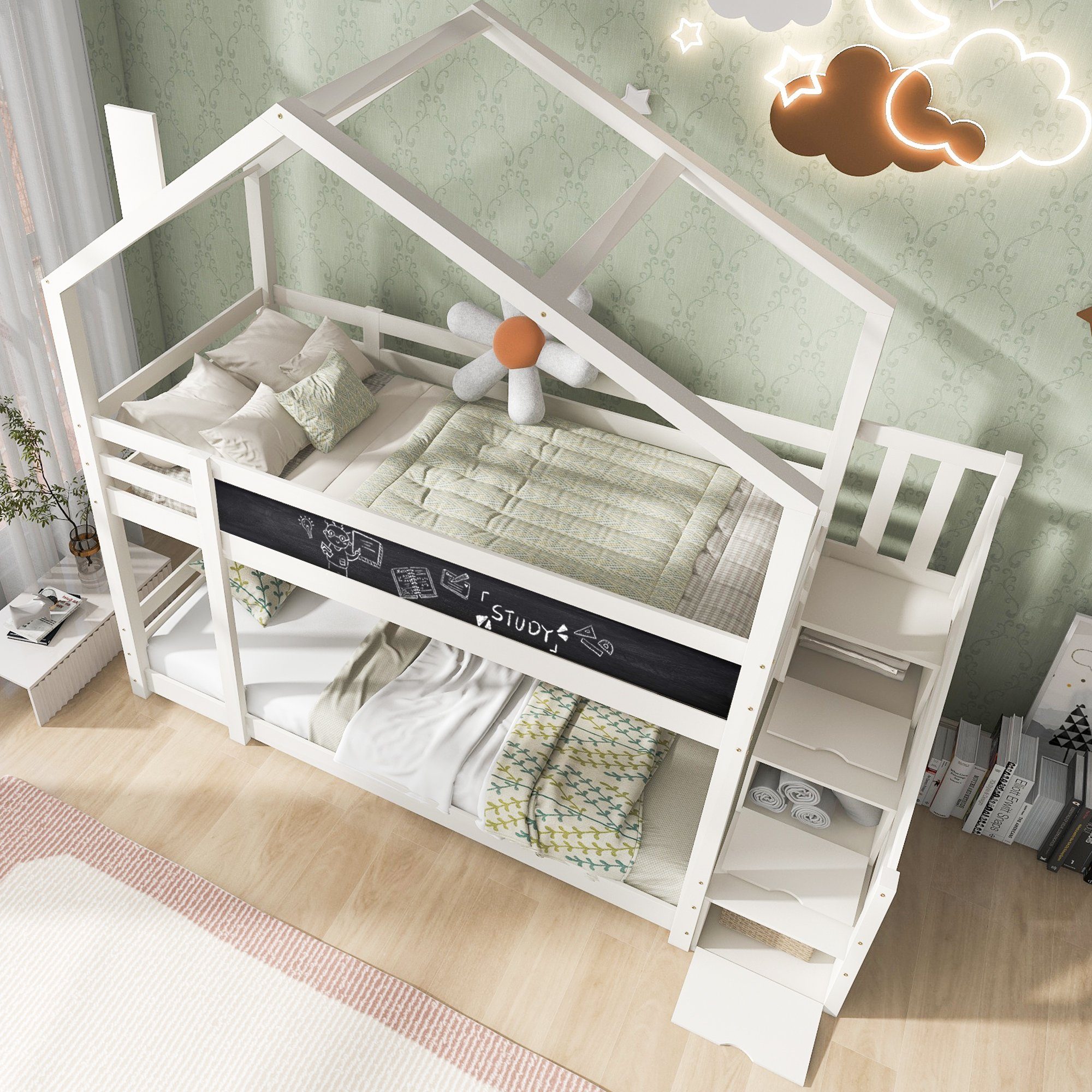 SOFTWEARY Etagenbett Kinderbett mit 2 Hochbett inkl. cm), Holzbett Treppe Hausbett aus (90x200 Kiefer, Rausfallschutz, Lattenrost Schlafgelegenheiten, und