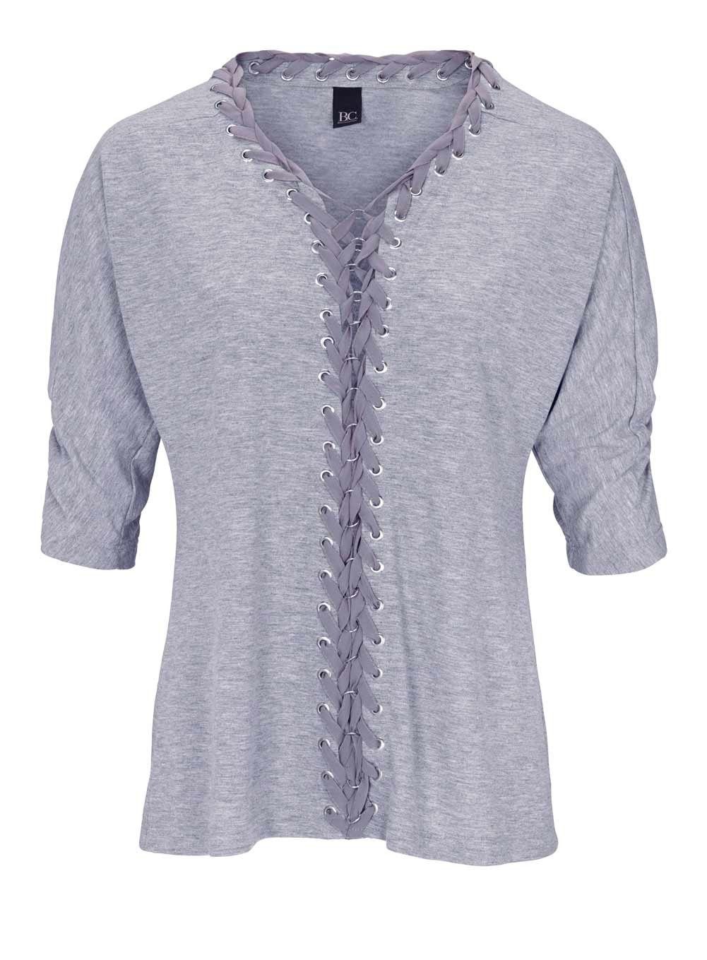 B.C. Best Connection by heine V-Shirt Heine - Best Connections Damen Shirt mit Schnürungen, grau-melange