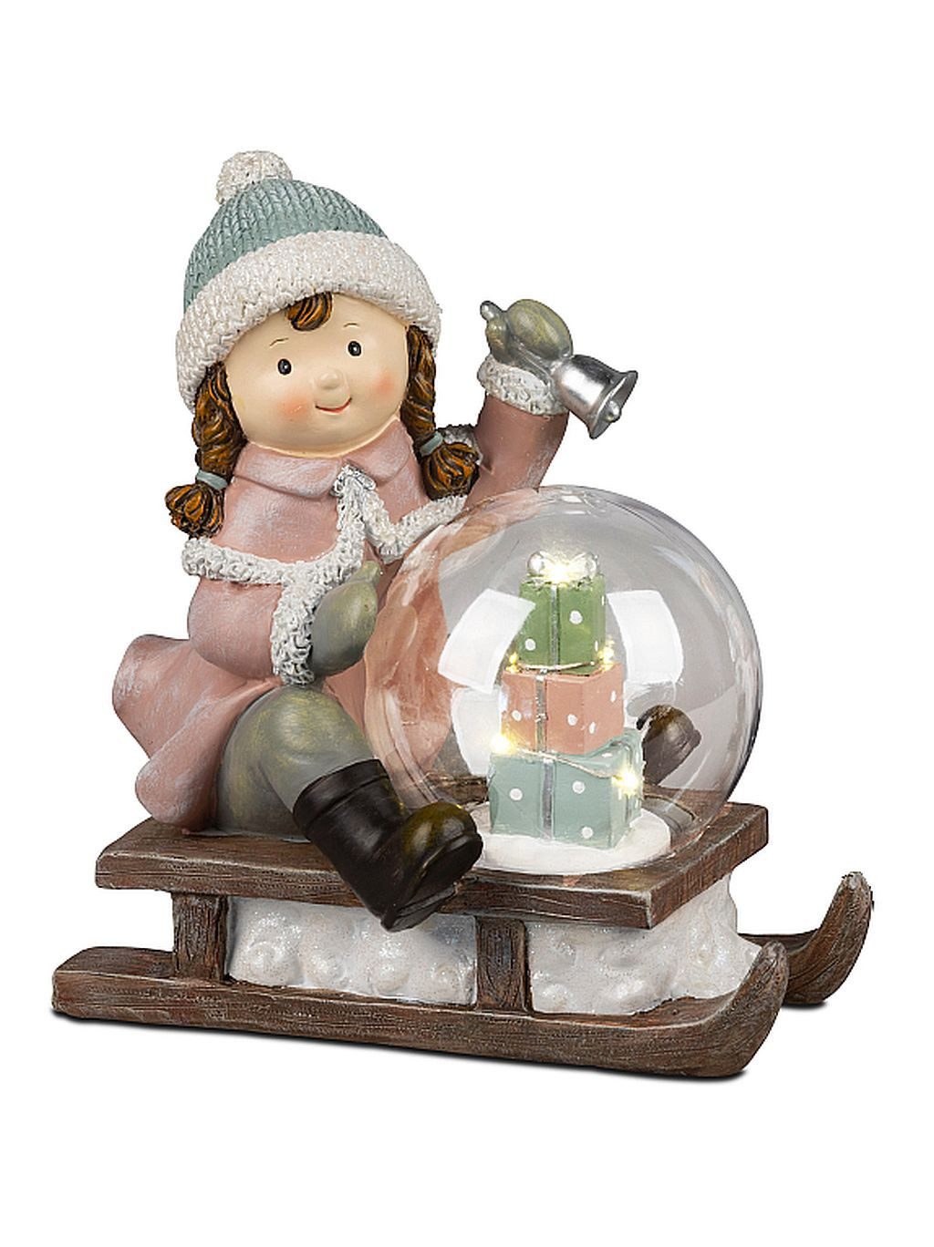 Dekofigur Nostalgische Winterkinder auf Schlitten mit LED Beleuchtung
