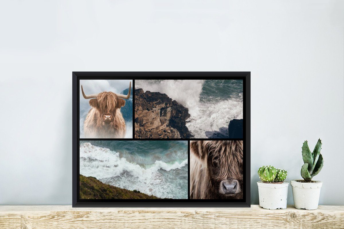 Collage - Meer, Highlander Bilder, - Steine MuchoWow Schwarzem Wanddeko, Wandposter, (1 Schottischer Poster, St), Gerahmtes - Bilderrahmen Poster