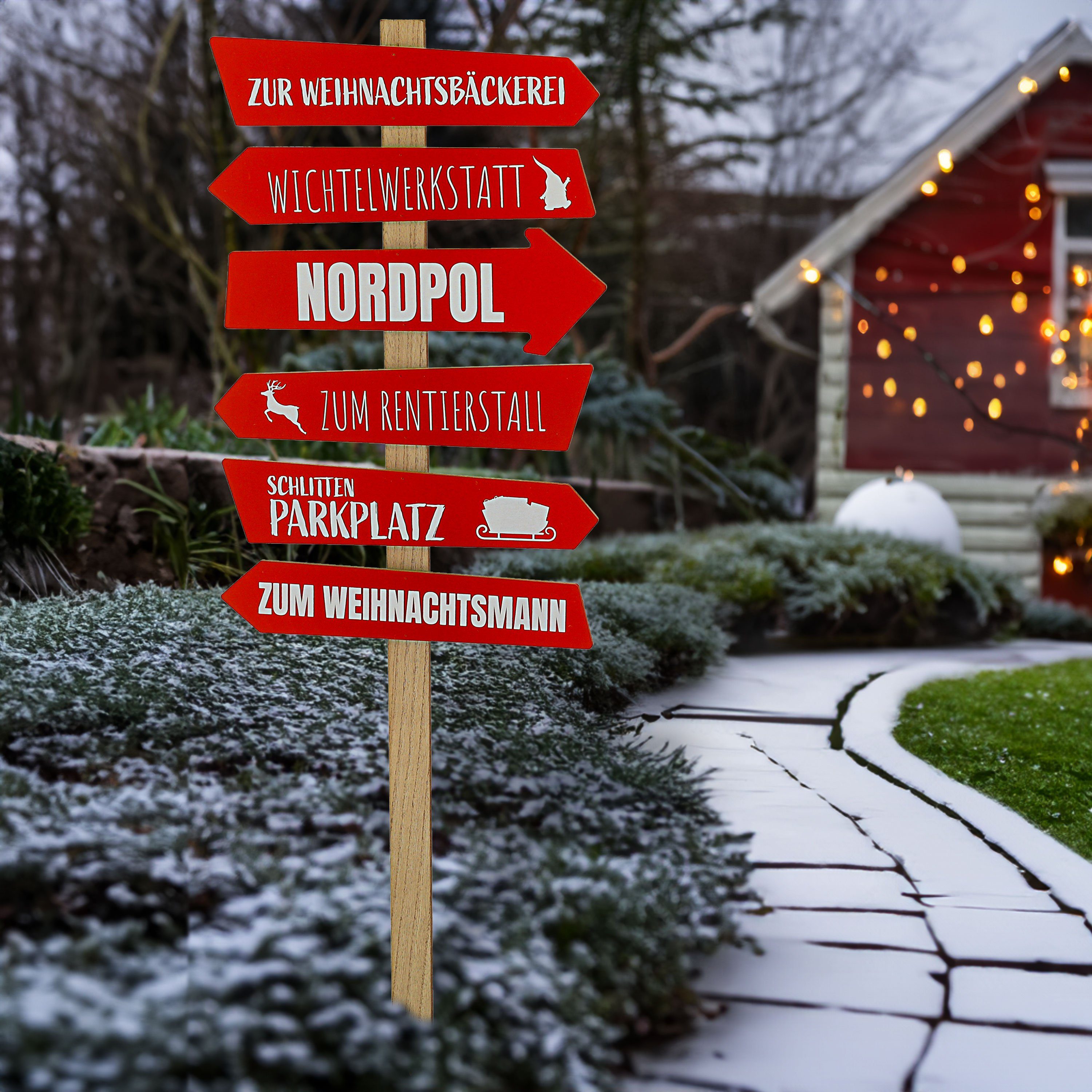 CEPEWA Gartenstecker Schild Wegweiser MDF naturfarben H76cm rot 6 Planken Weihnachten