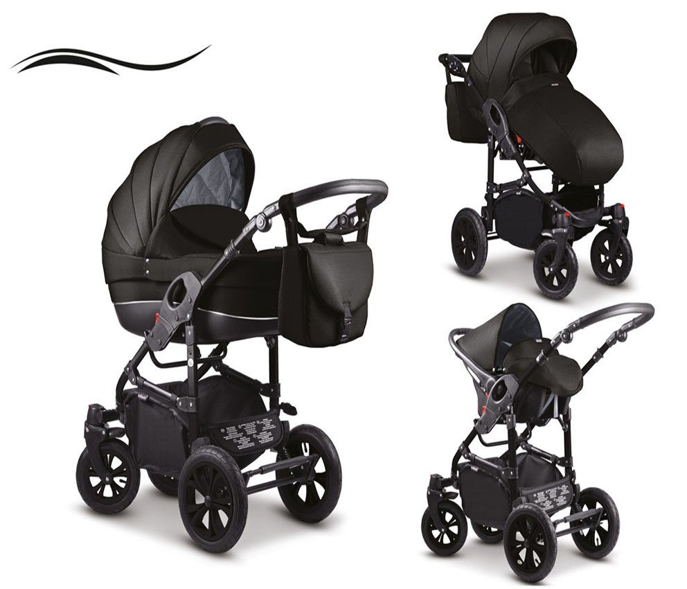 babies-on-wheels Kombi-Kinderwagen 3 in 1 Kinderwagen-Set Cosmo - 16 Teile - in 41 Farben Schwarz-Schwarz