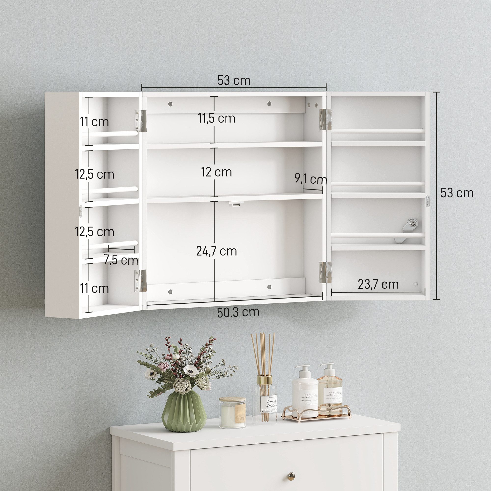HOMCOM Medizinschrank mit 11 Fächer, 2 Schlüssel (Medikamentenschrank, 1-St., Arzneischrank) für Medikamente, 53 x 20 x 53 cm, Weiß