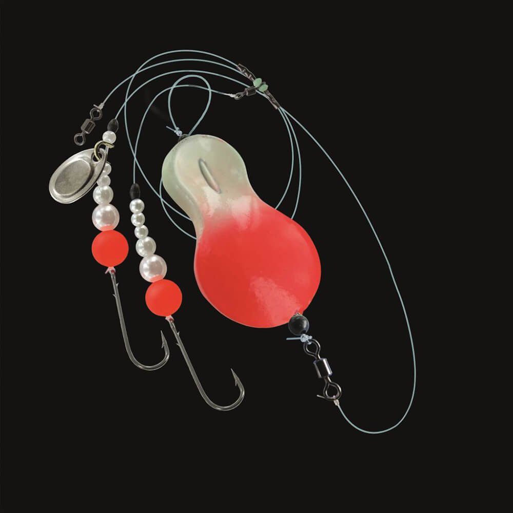 Jenzi Vorfachschnur Jenzi Inline-Buttlöffel montiert 110cm UV Rot Weiß, 1,1 m Länge, (1-St), Durchmesser: 0,50 / 0,35 mm