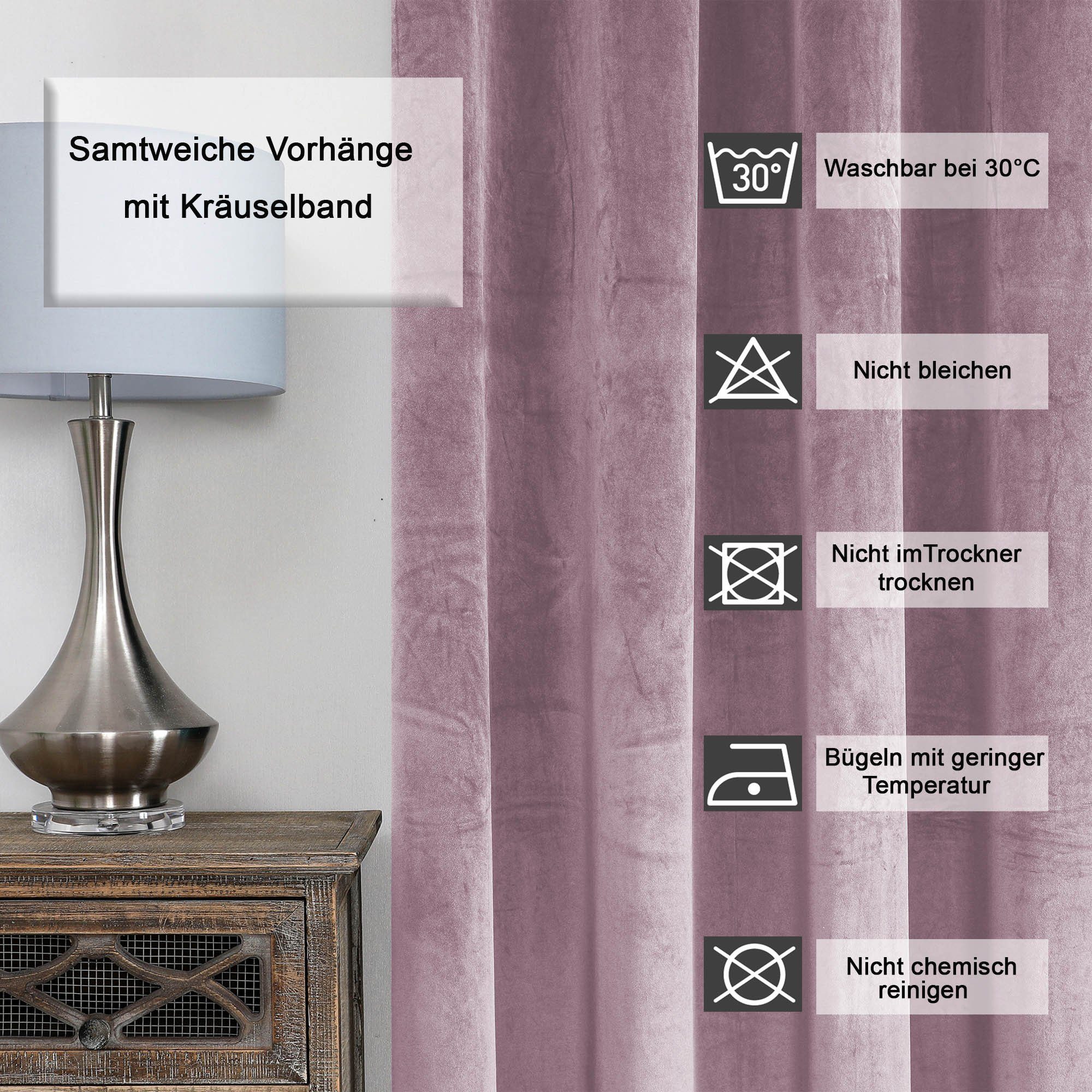 Kräuselband Samt blickdicht, Deko, 140x245 St), Altrosa Vorhang und Kräuselband (1 Verdunkelung weich Haus Polyester cm Gardine