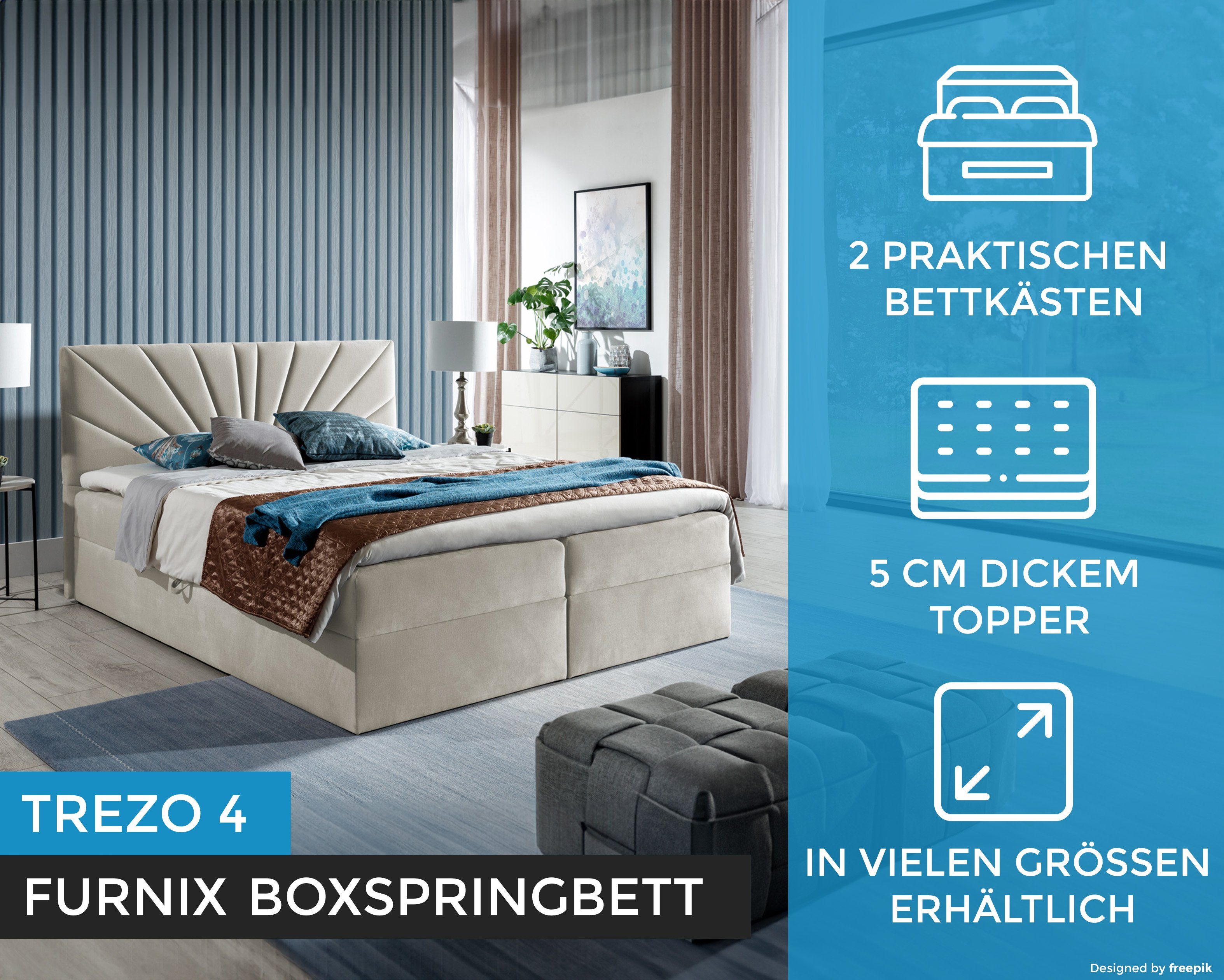 Topper, 4 cm Bettkasten TREZO tiefen Beige Furnix hochwertige und Polsterstoffe Boxspringbett 120/140/160/180/200x200 mit